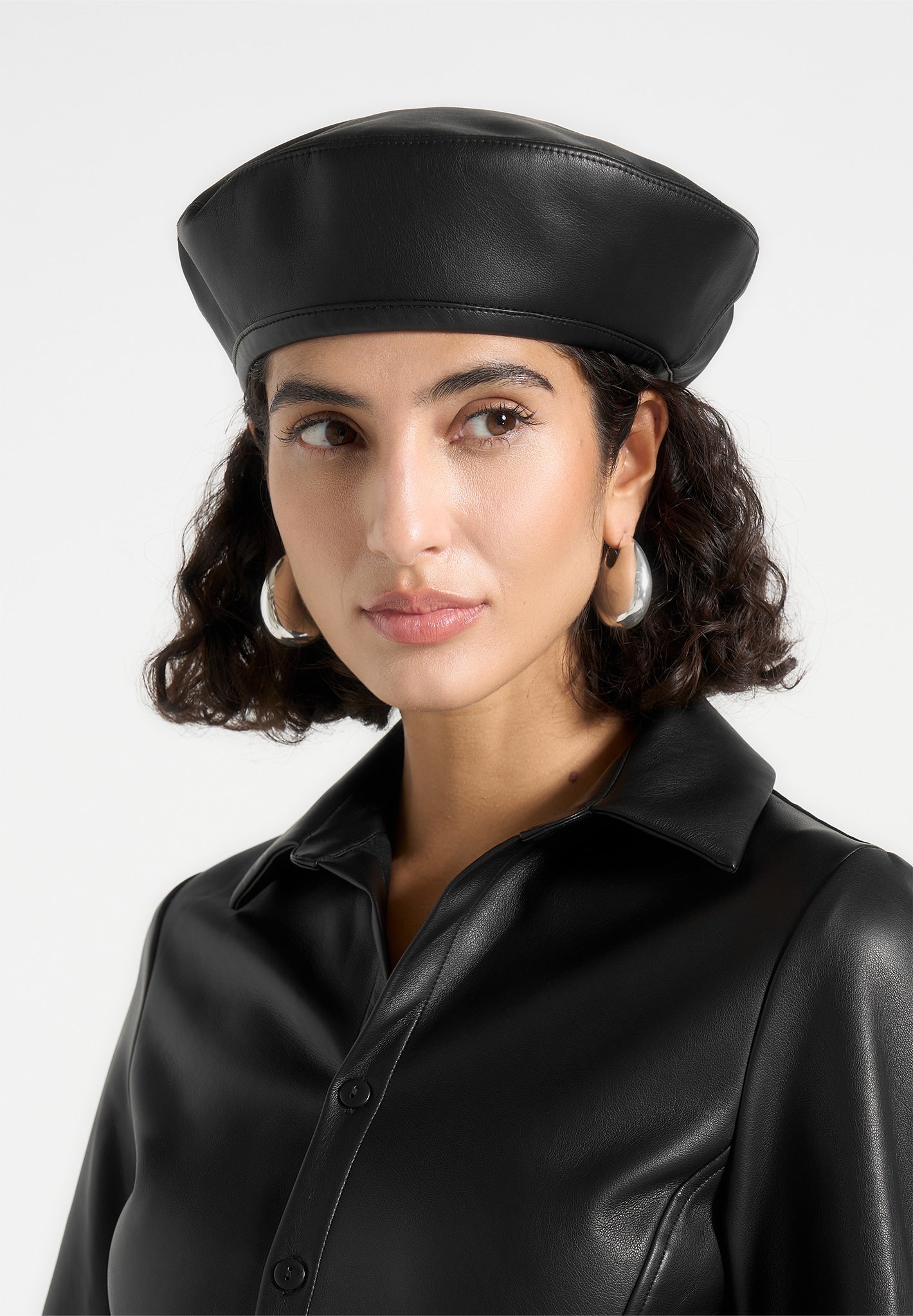 Vegan Leather Beret Hat with Silver Plaque | Anya