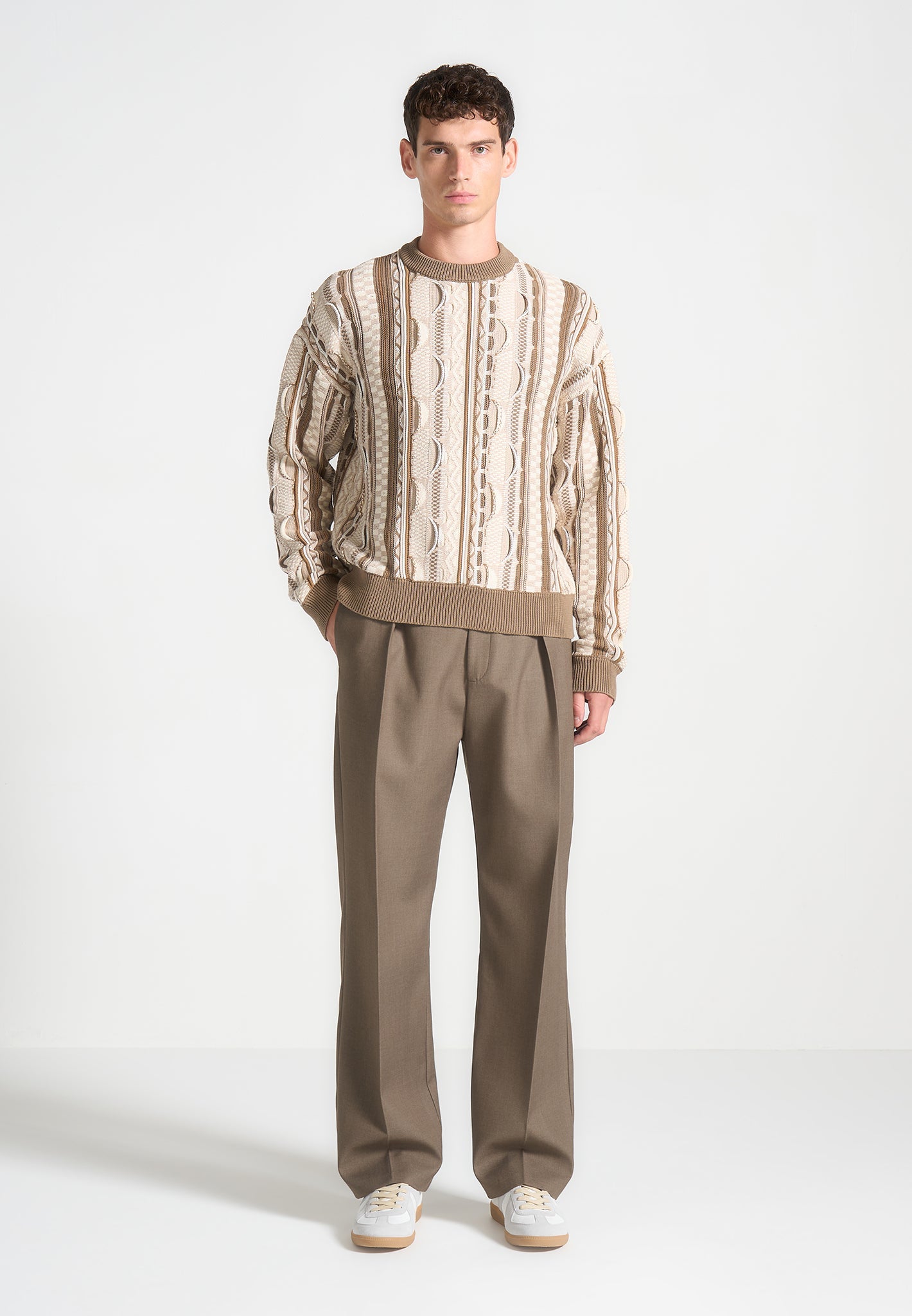 Jacquard Cotton Knit Jumper with Ribbed Detailing | Beige Crewneck
