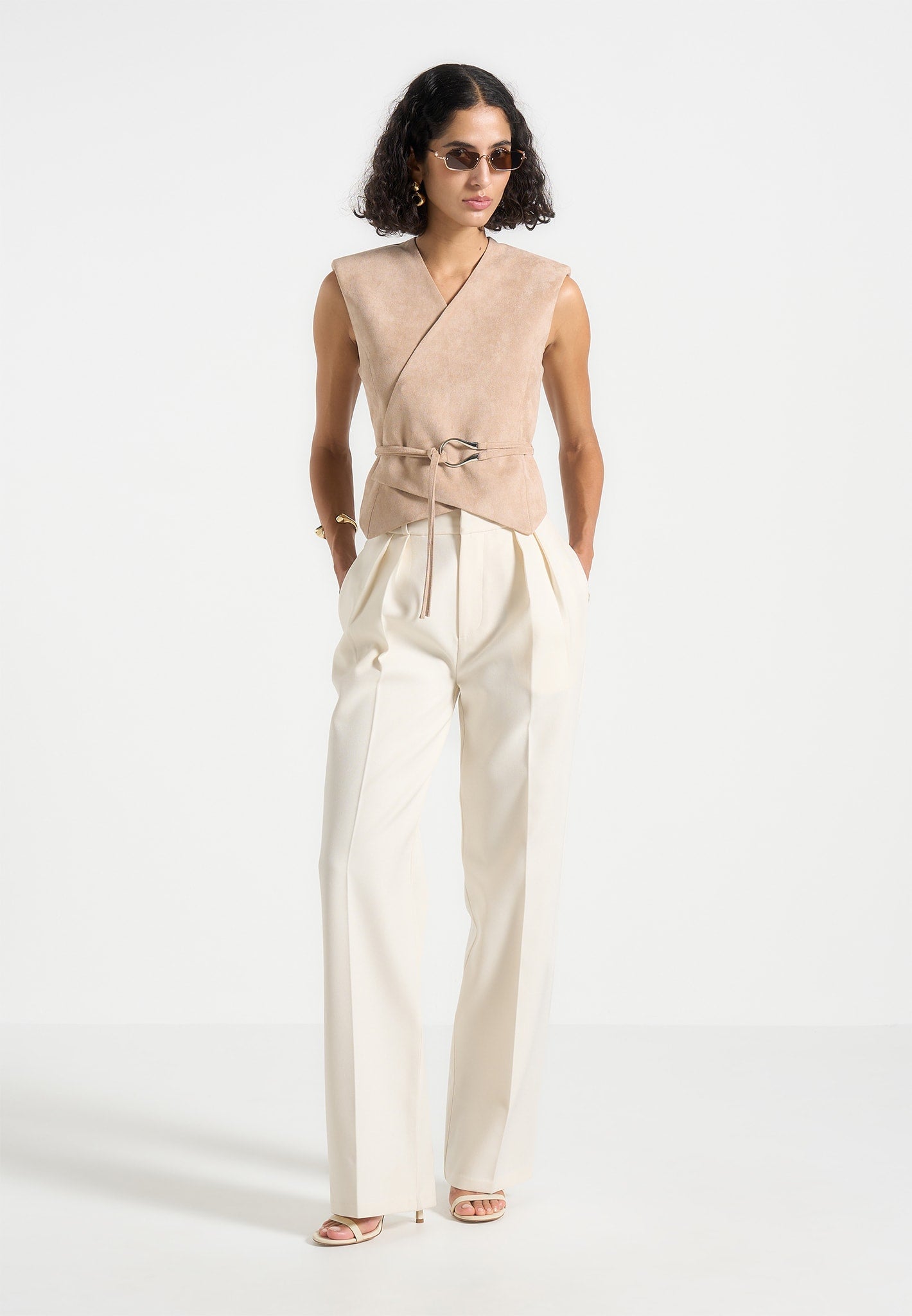 Faux Suede Wrap Waistcoat with Belt | Jeanne Taupe