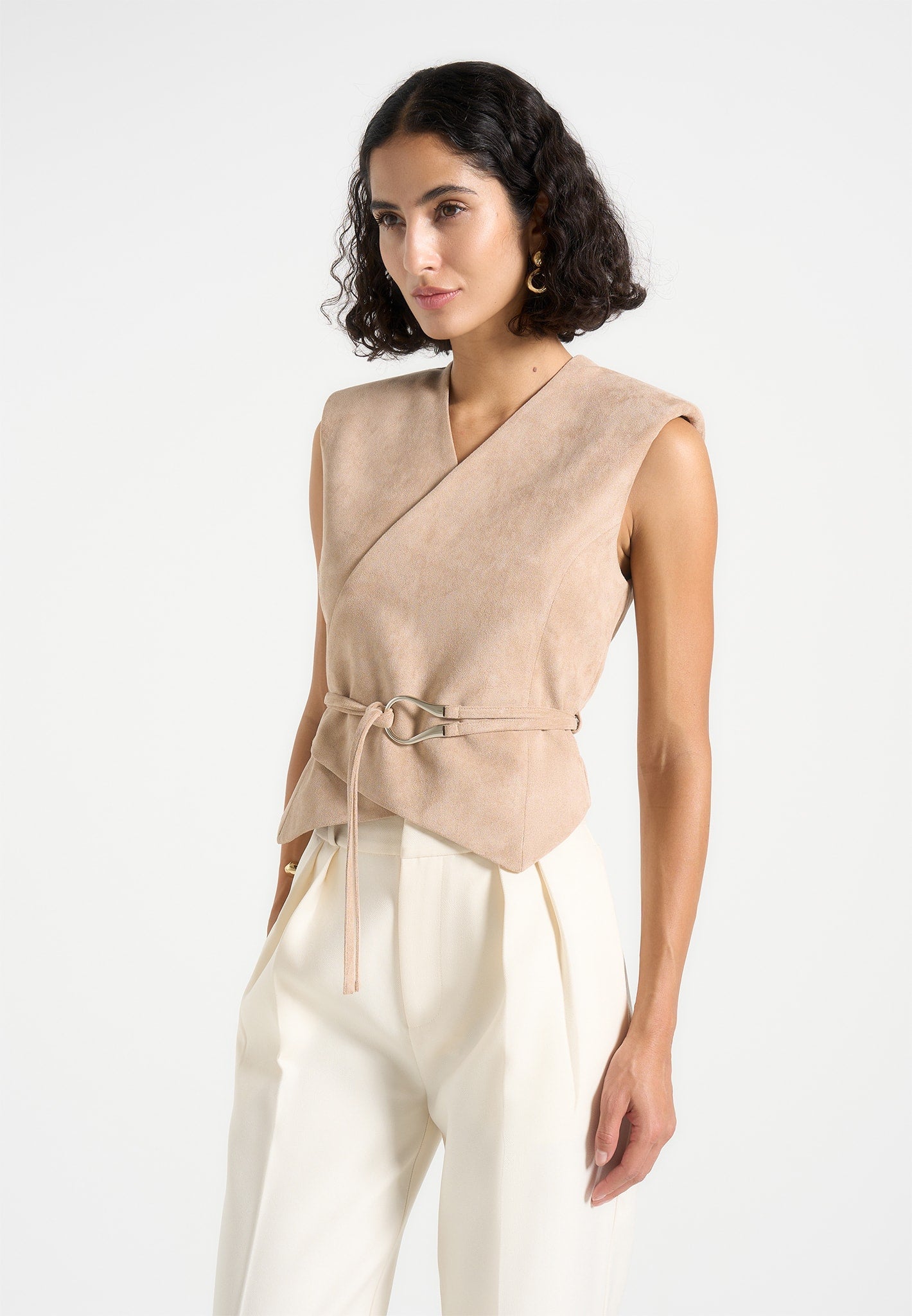 Faux Suede Wrap Waistcoat with Belt | Jeanne Taupe