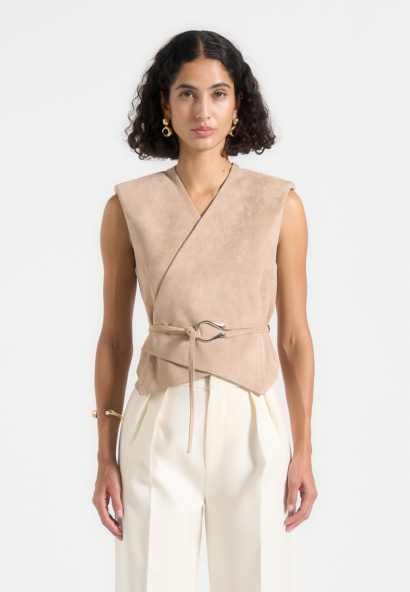 Faux Suede Wrap Waistcoat with Belt | Jeanne Taupe