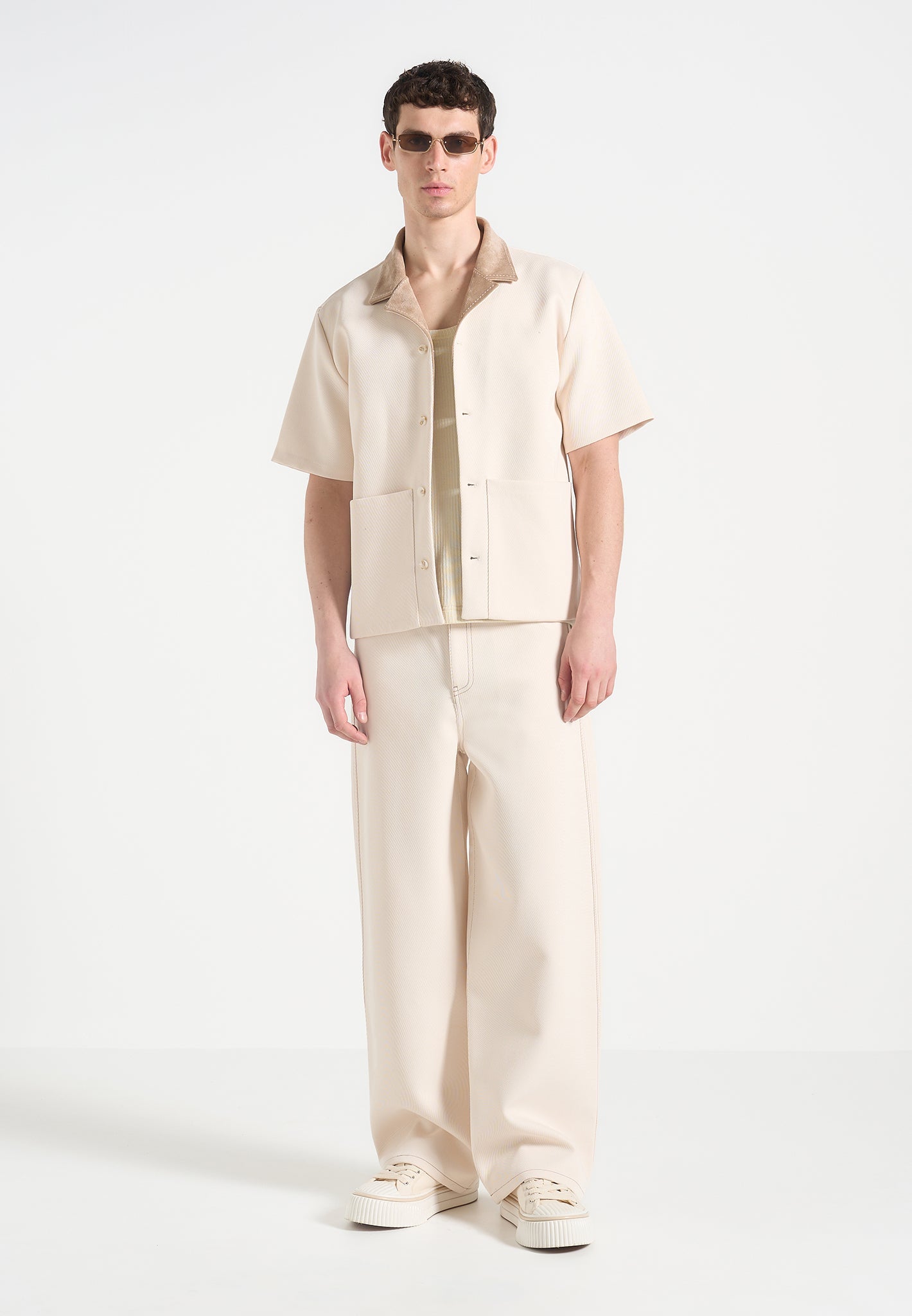 Twill Shirt with Suede Collar & Relaxed Fit | Manière De Voir