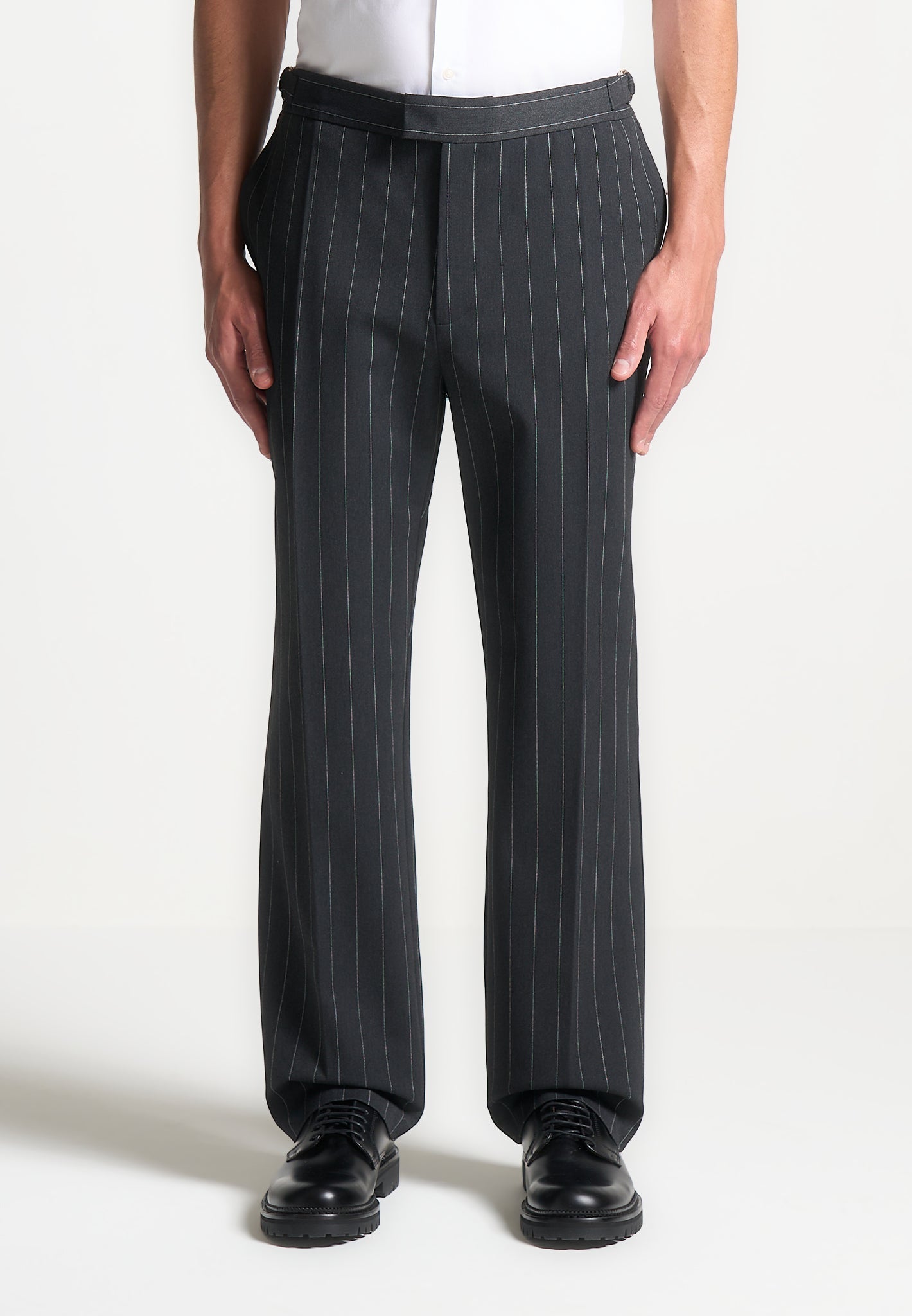Pinstripe Tailored Trousers - Regular Fit with D-Ring Belt | Joseph