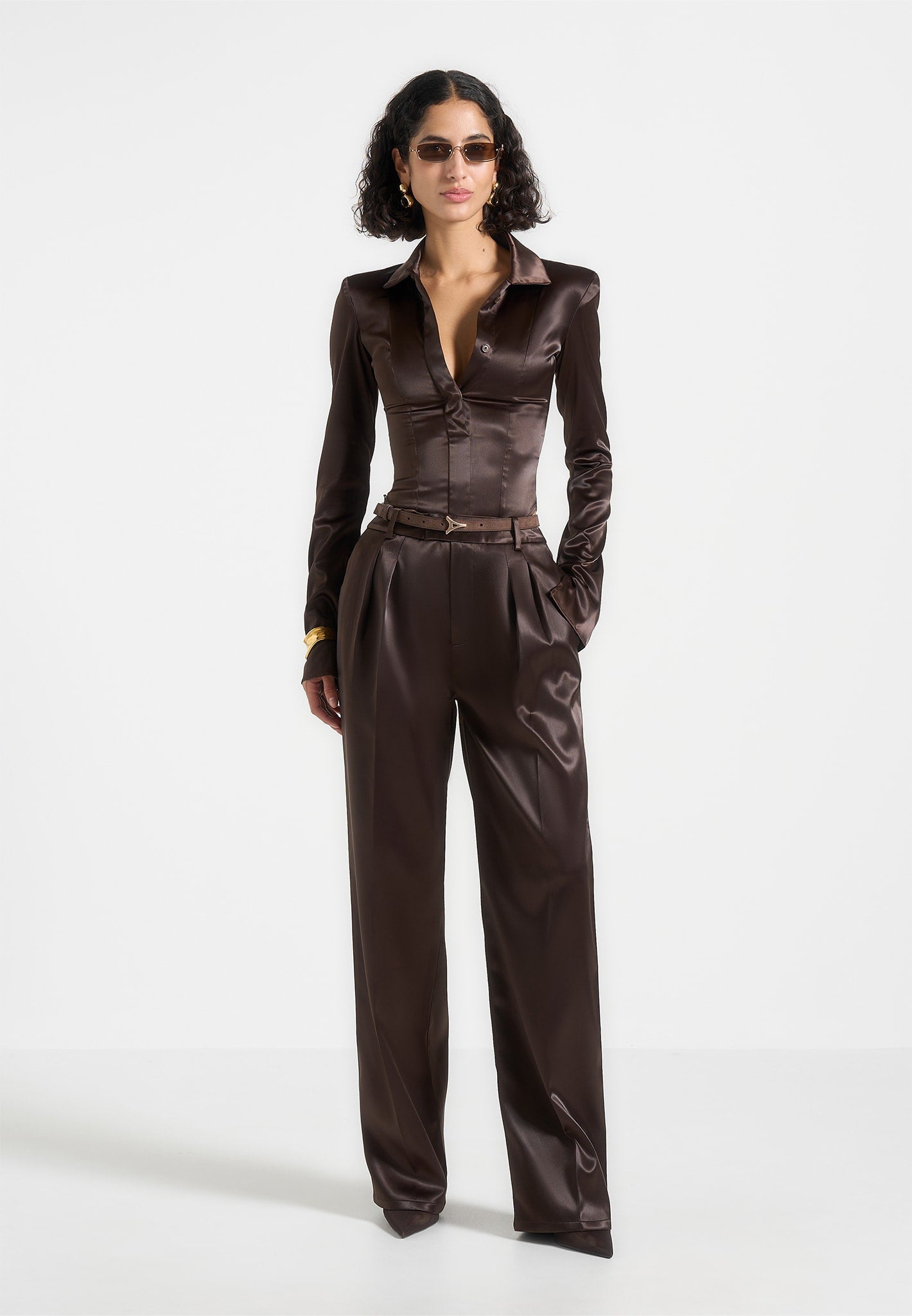 Brown Satin Tailored Trousers with Twin Pleats & Wide-Leg | Julie