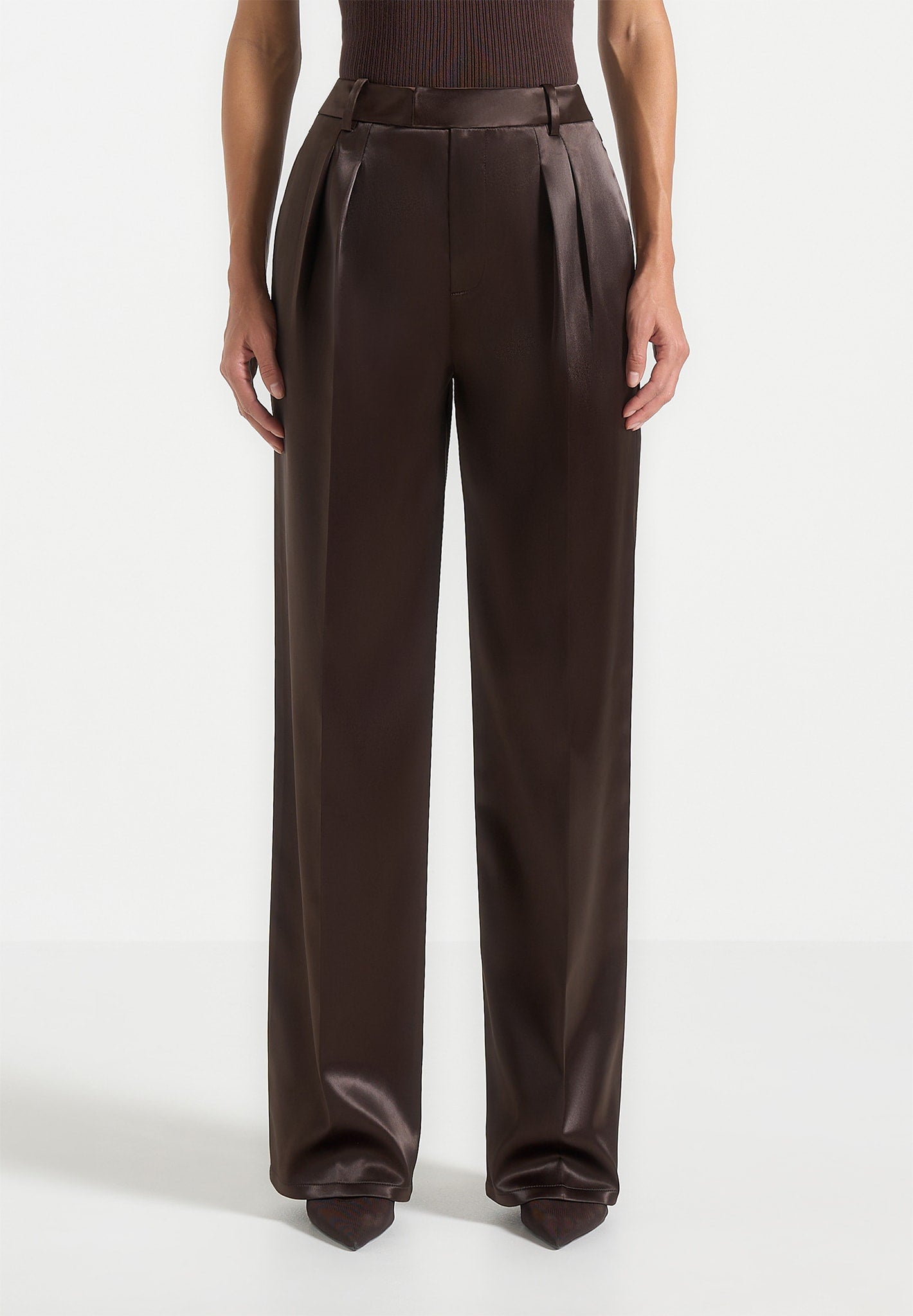 Brown Satin Tailored Trousers with Twin Pleats & Wide-Leg | Julie