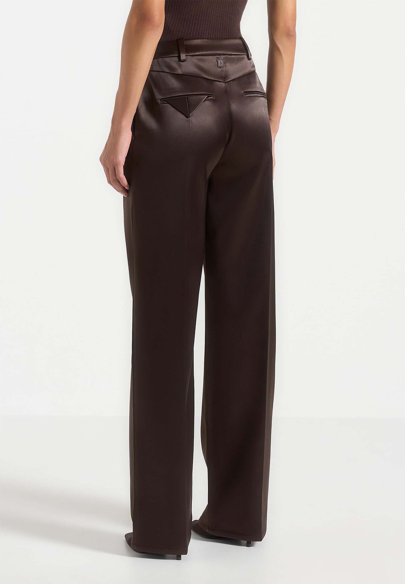 Brown Satin Tailored Trousers with Twin Pleats & Wide-Leg | Julie