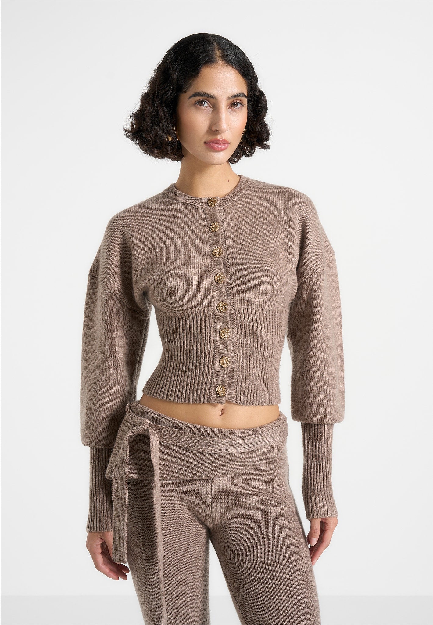 Knitted Cinch Waist Cardigan with Ribbed Cuffs | Taupe