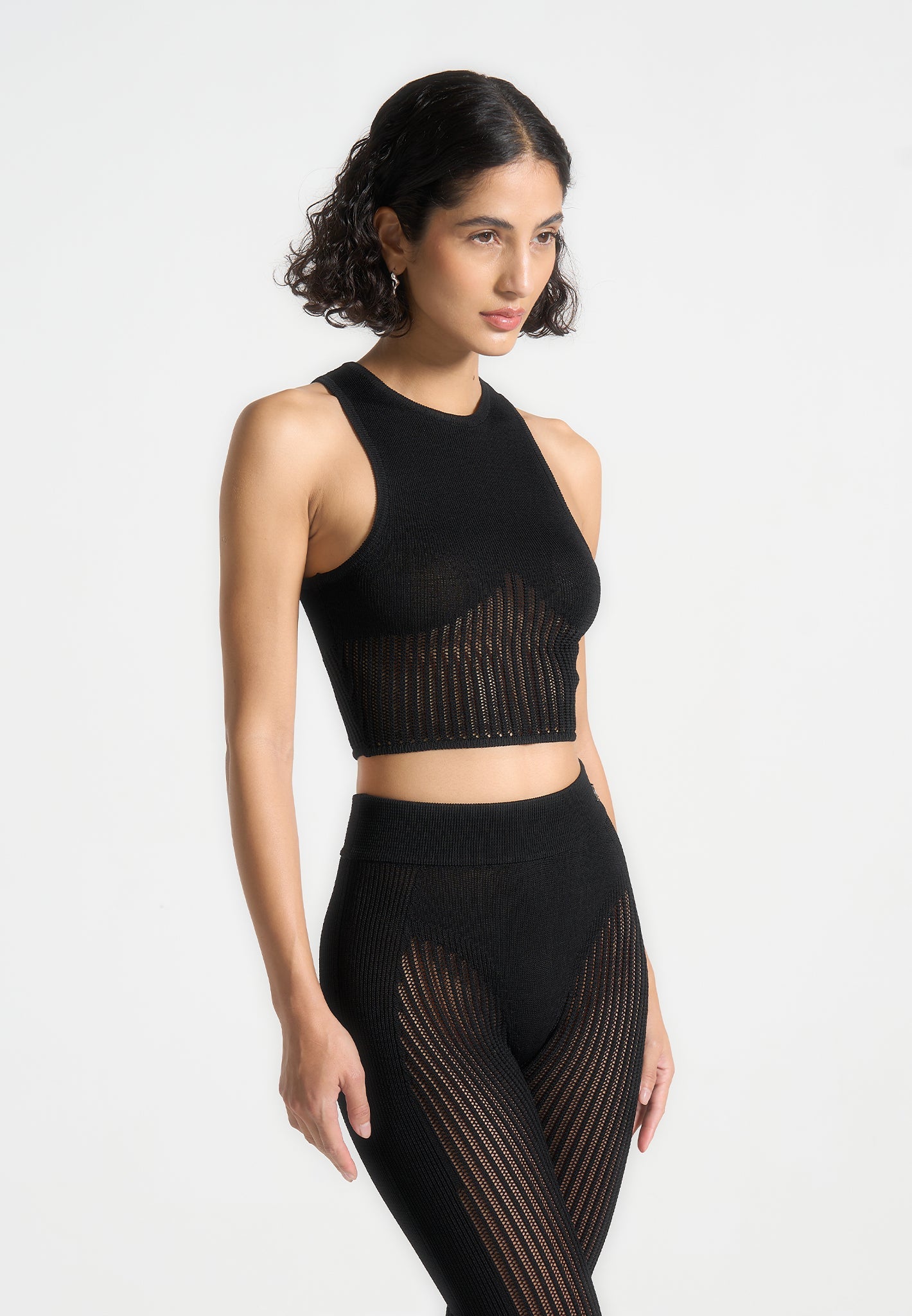 Knitted Contour Crop Top with Racer Neck | Black