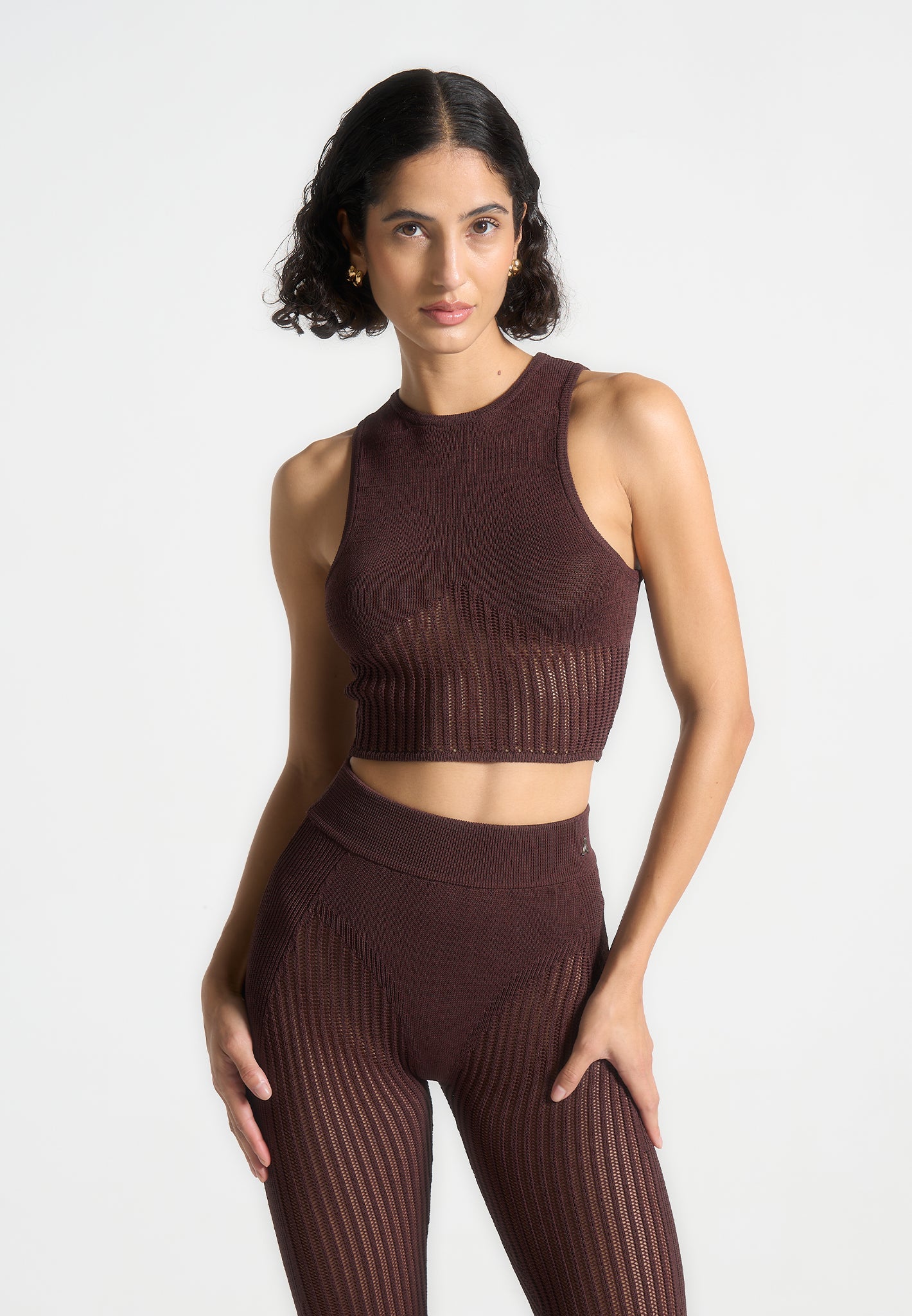 Knitted Contour Crop Top with Racer Neck | Brown