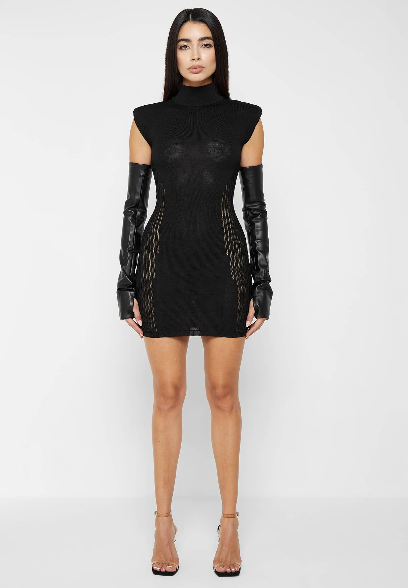 Knitted Bodycon Dress with Vegan Leather Sleeves | Manière De Voir