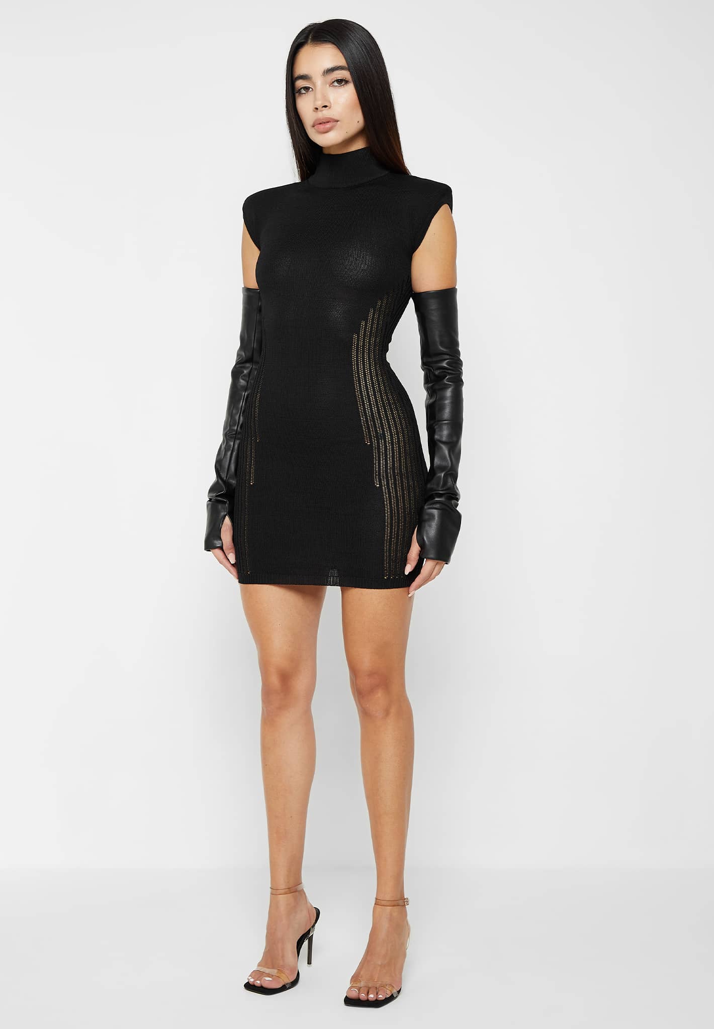 Knitted Bodycon Dress with Vegan Leather Sleeves | Manière De Voir