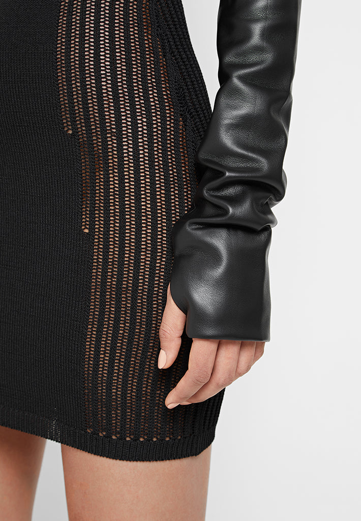 Knitted Bodycon Dress with Vegan Leather Sleeves | Manière De Voir