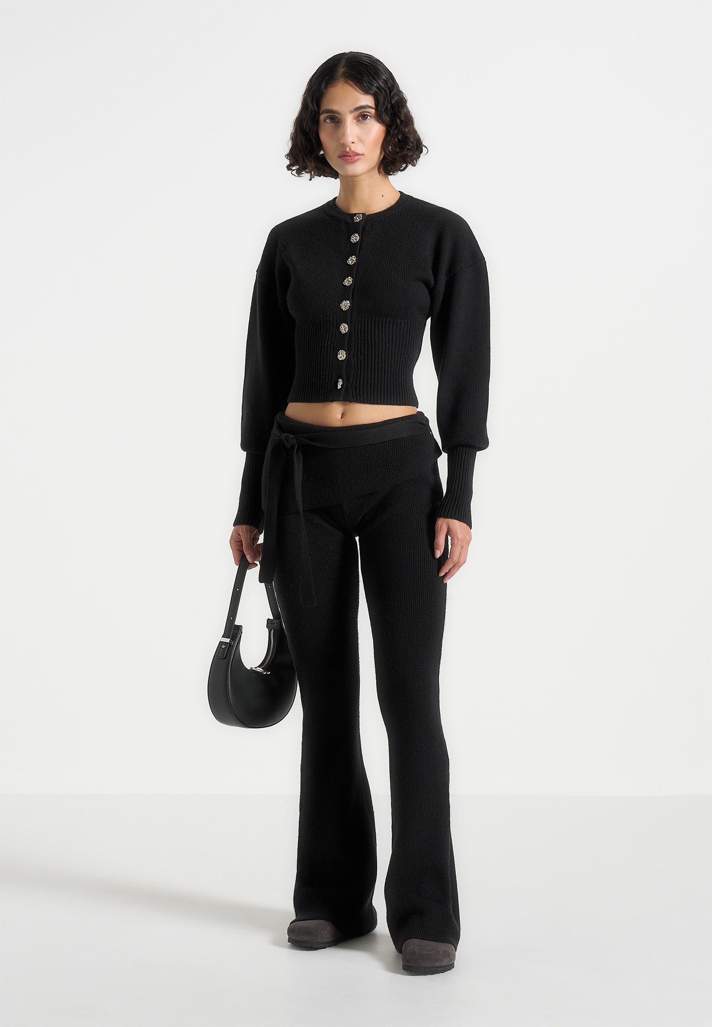 Knitted Flared Leggings with Belt - Mid Waist & Foldover Design