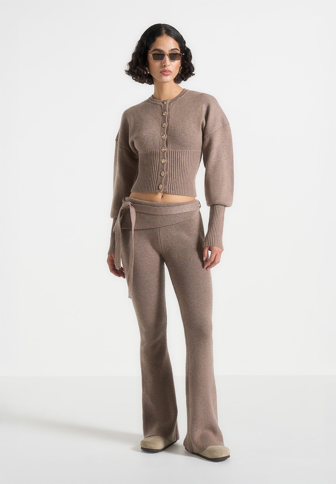 Knitted Flared Leggings with Waist Belt | Taupe Mid Waist Fit