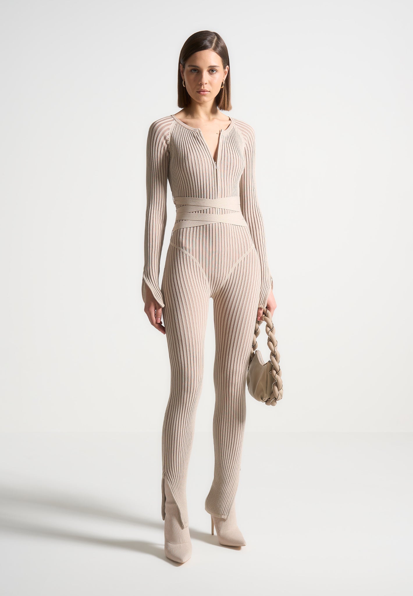 Knitted Two Tone Jumpsuit with Belt for Evening Out | Beige/Taupe