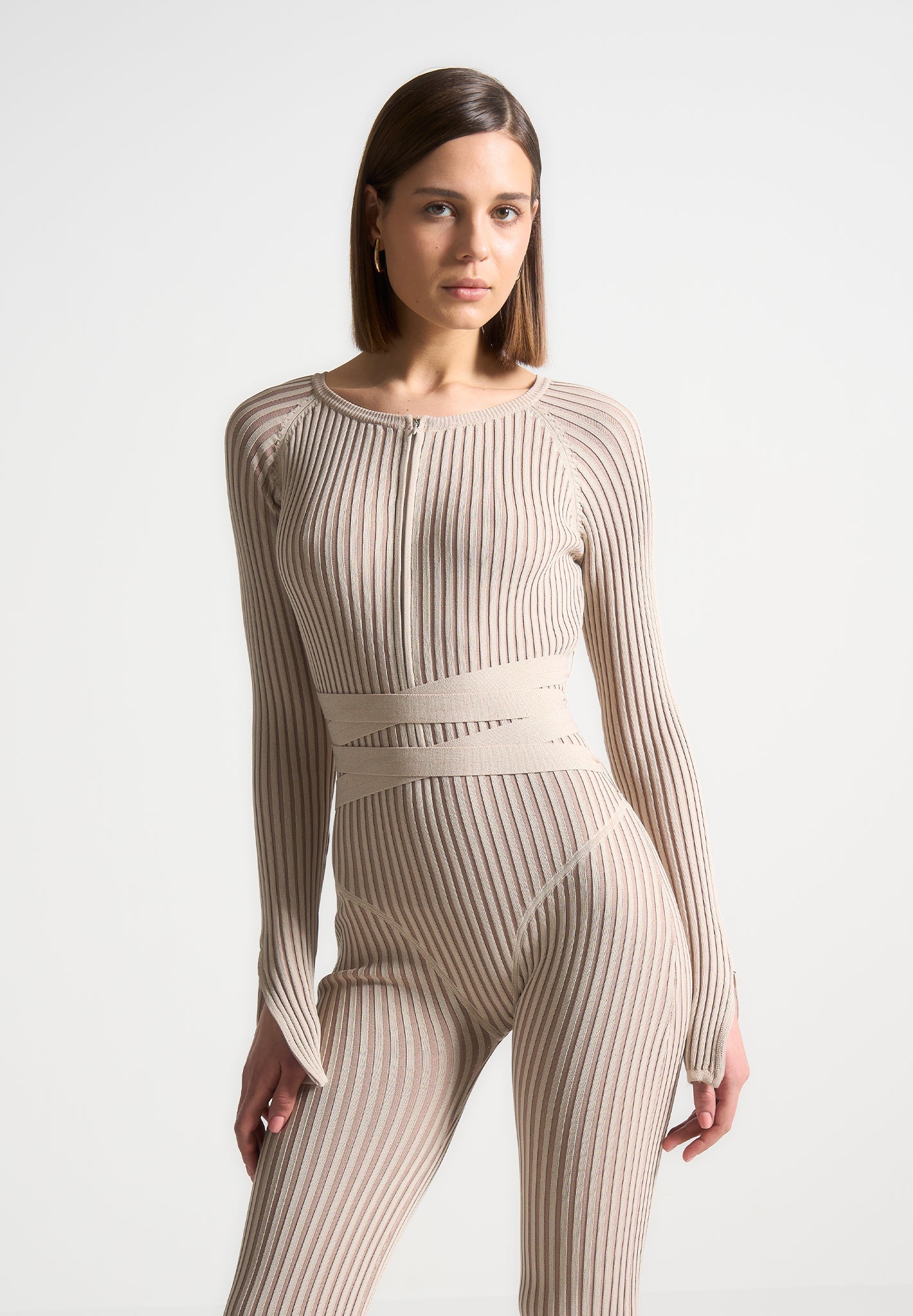 Knitted Two Tone Jumpsuit with Belt for Evening Out | Beige/Taupe
