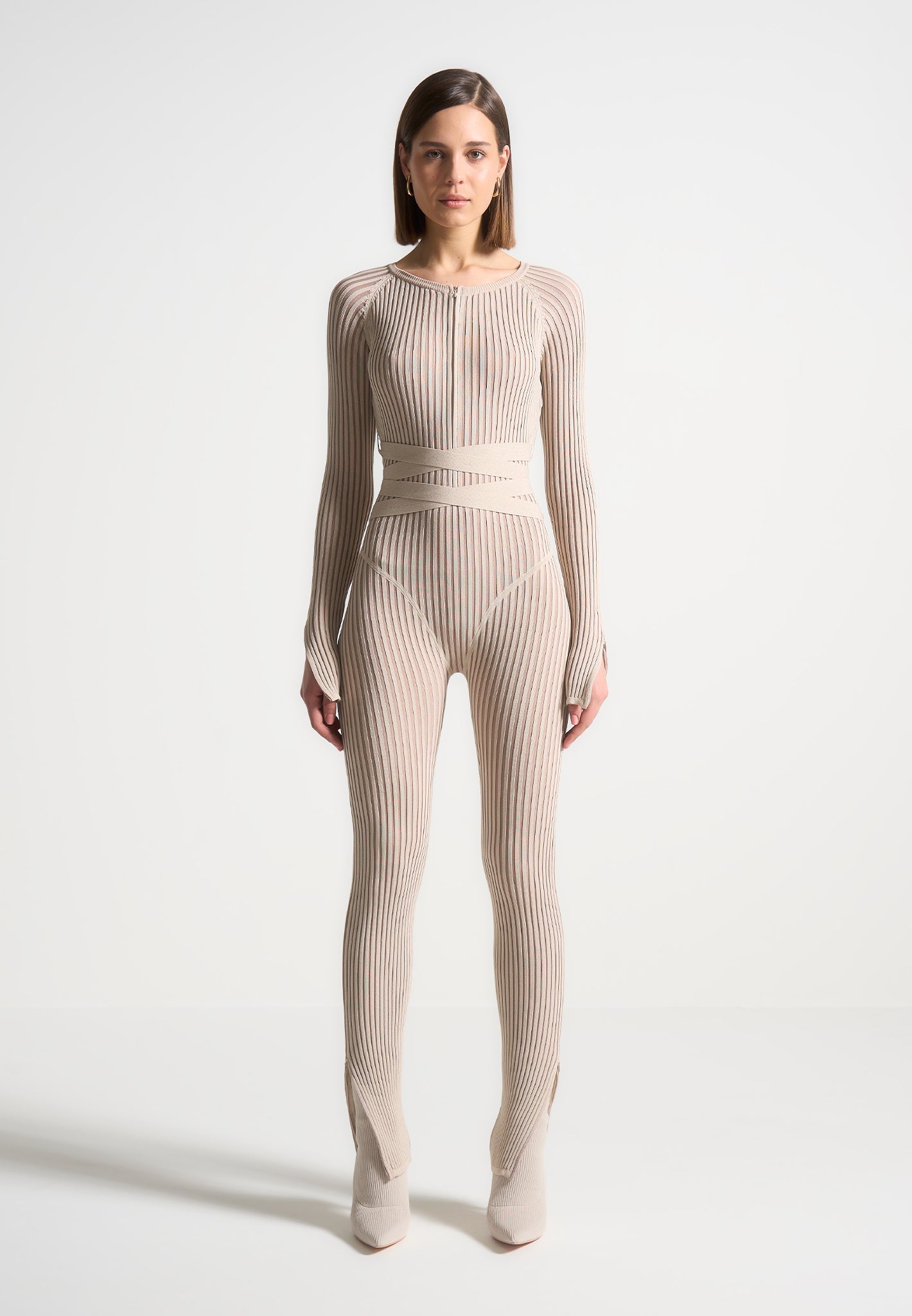 Knitted Two Tone Jumpsuit with Belt for Evening Out | Beige/Taupe
