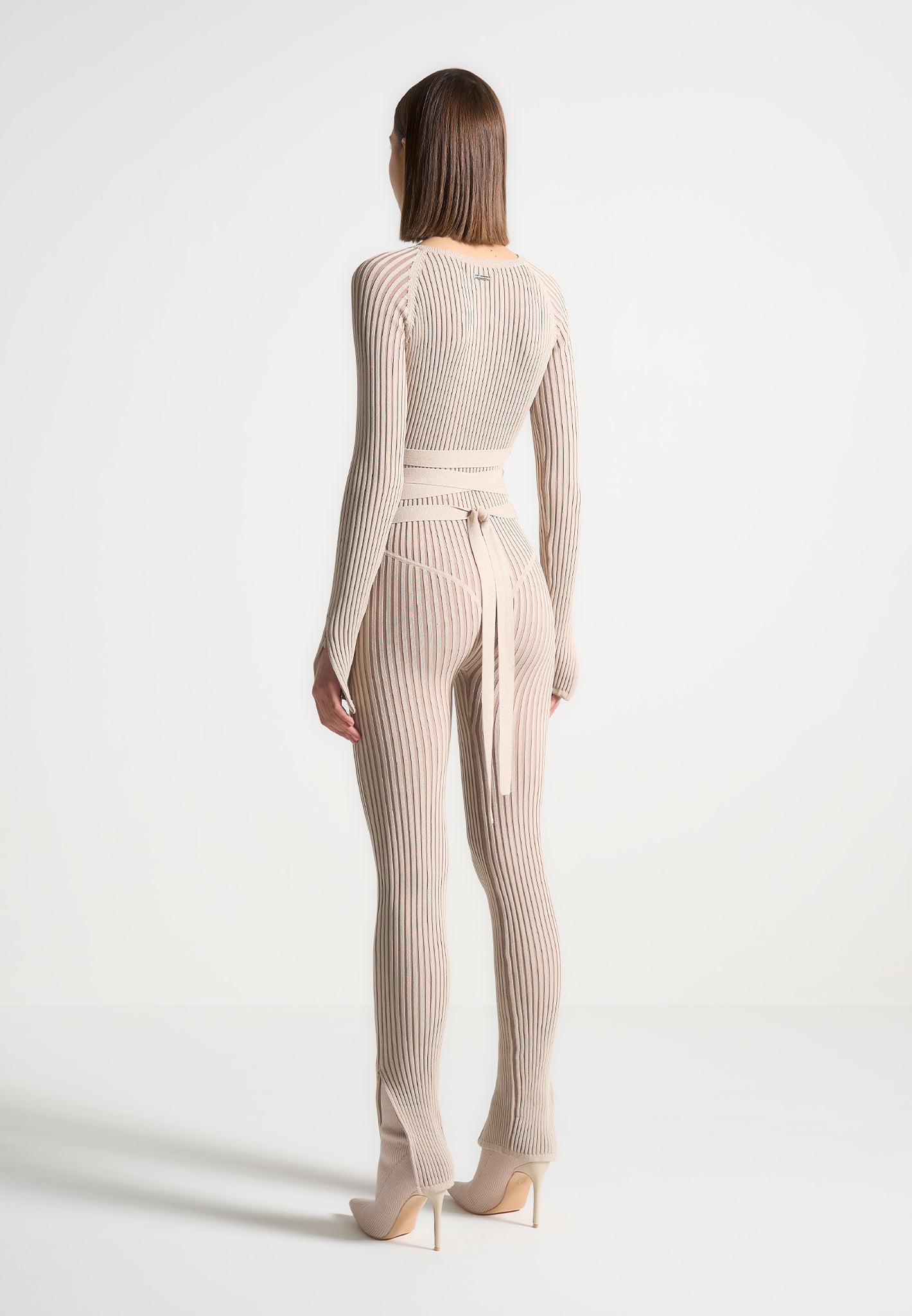Knitted Two Tone Jumpsuit with Belt for Evening Out | Beige/Taupe