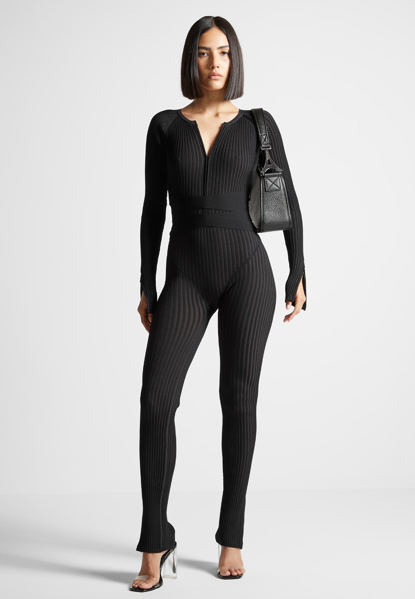Ribbed Knit Jumpsuit with Belt for Evening Out | Black Two Tone