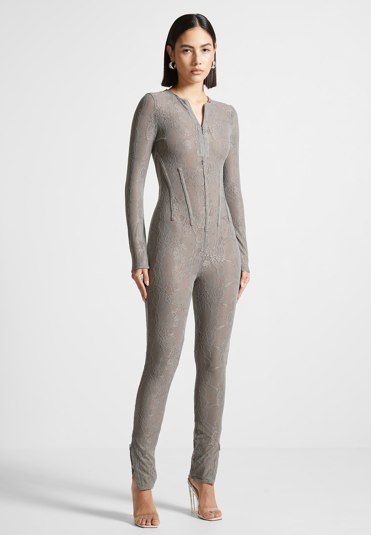 Lace Jumpsuit with Corset Detail & Long Sleeves | Grey