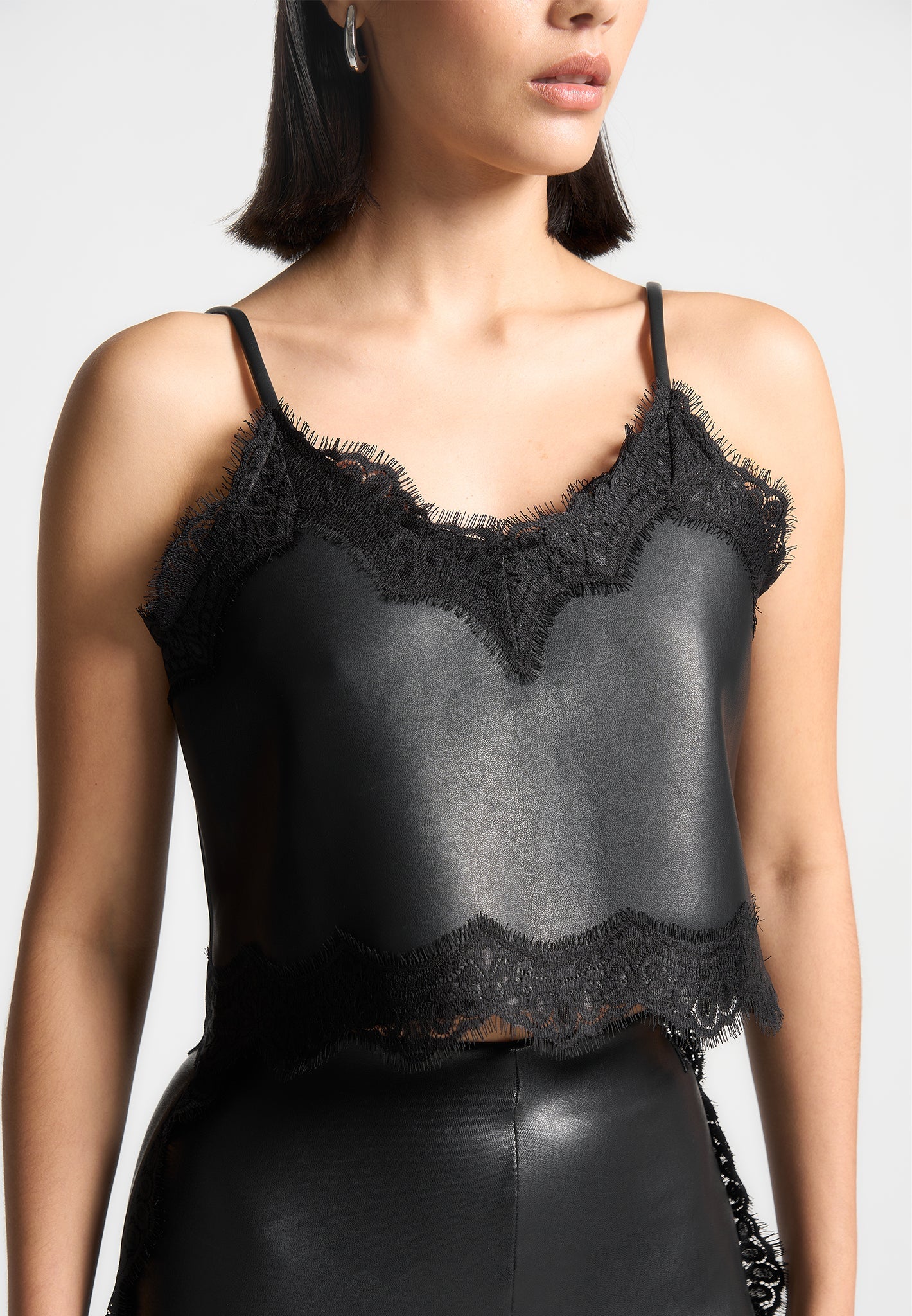 Black Lace Trim Vegan Leather Camisole Top | Adjustable Straps