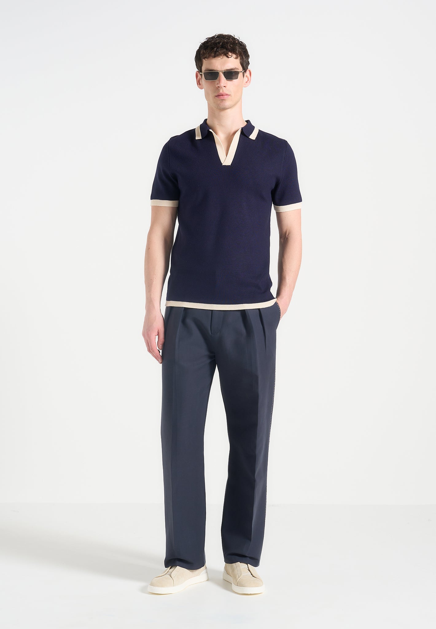 Contrast Detail Knit Polo Shirt with Tonal Blocking | Lambert