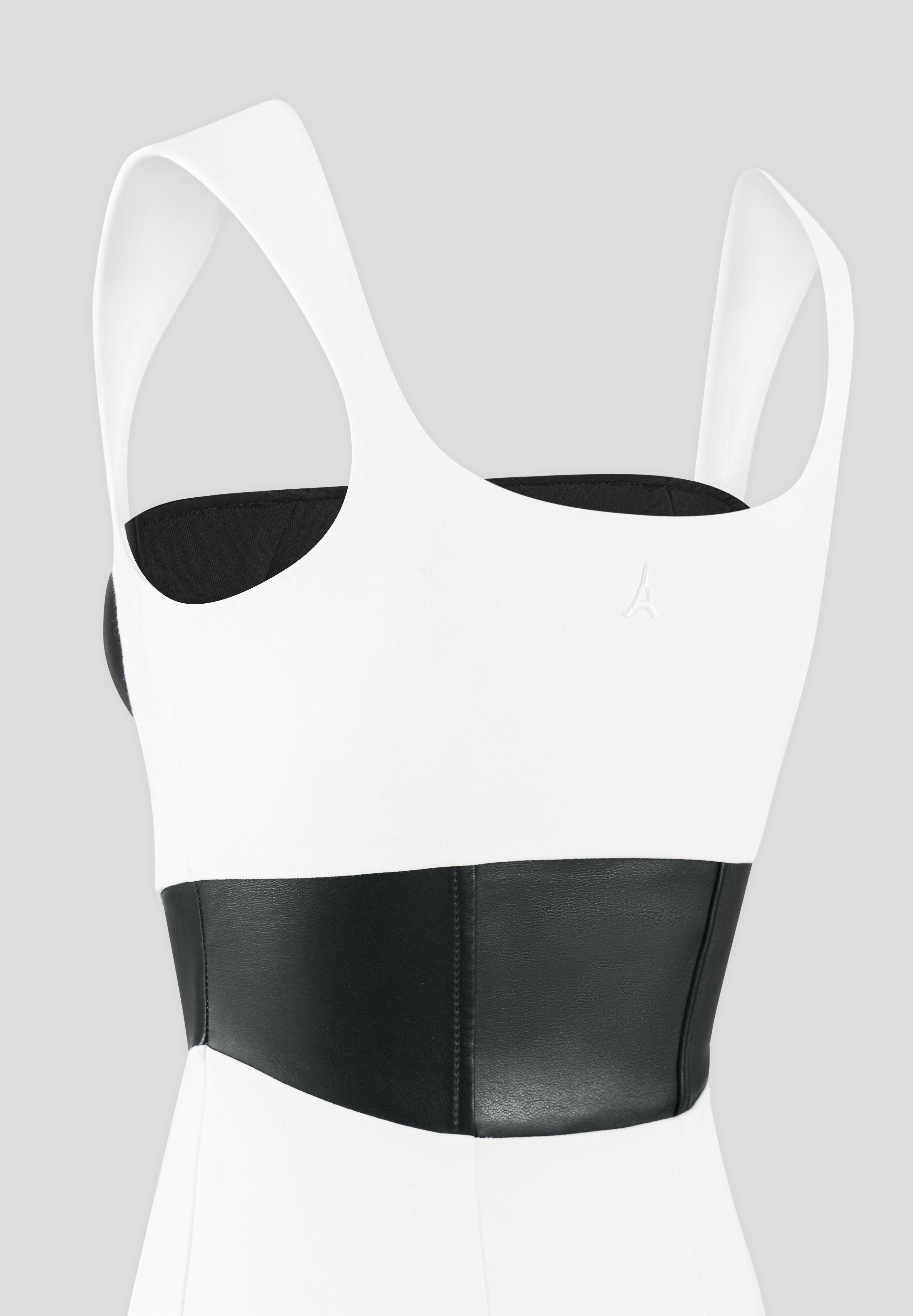 Layered Corset Mini Dress with Curved Straps & Side Zip | White/Black