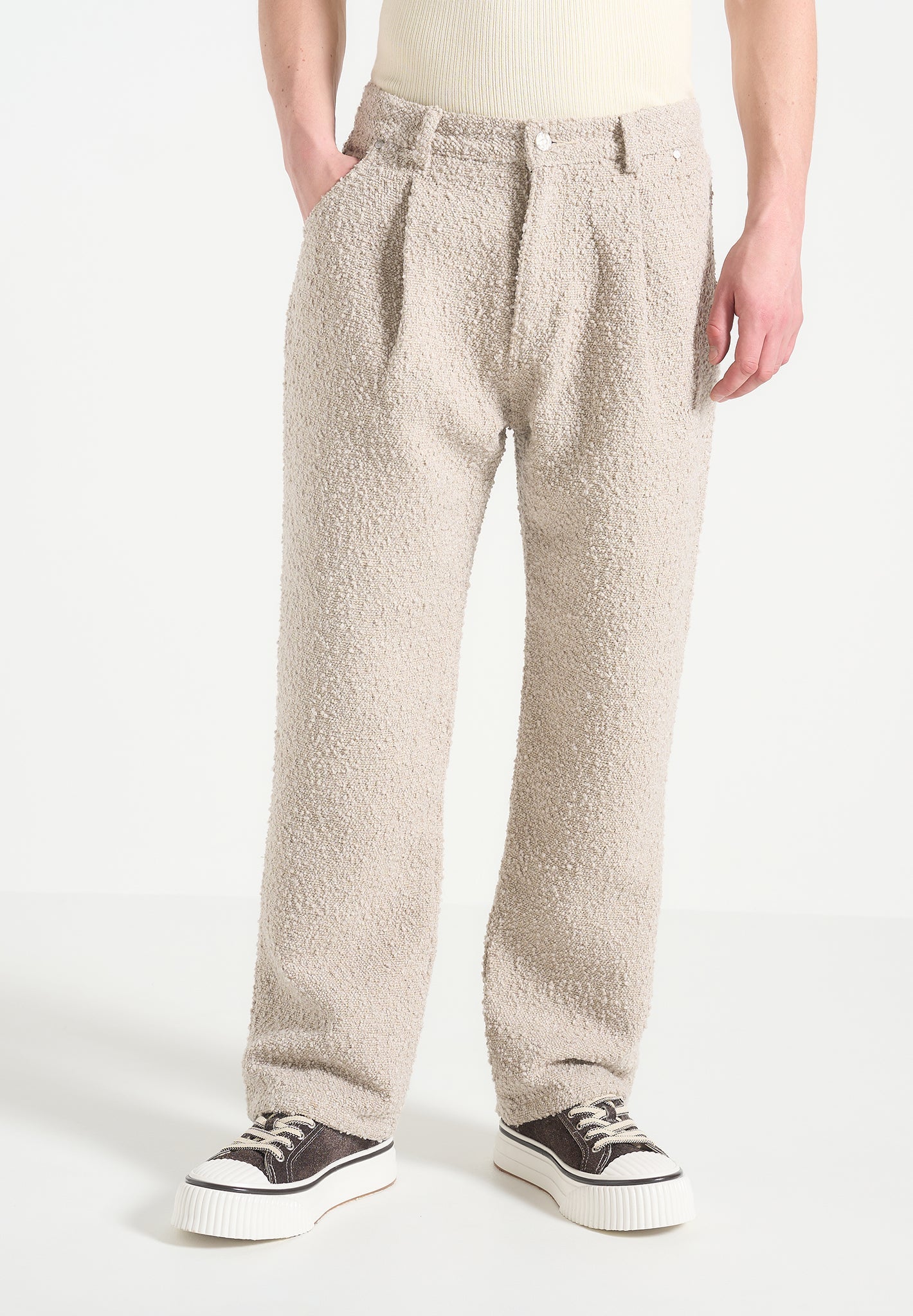 Boucle Pleated Jeans for Women | Relaxed Straight Leg & Tailored Fit | Arnault