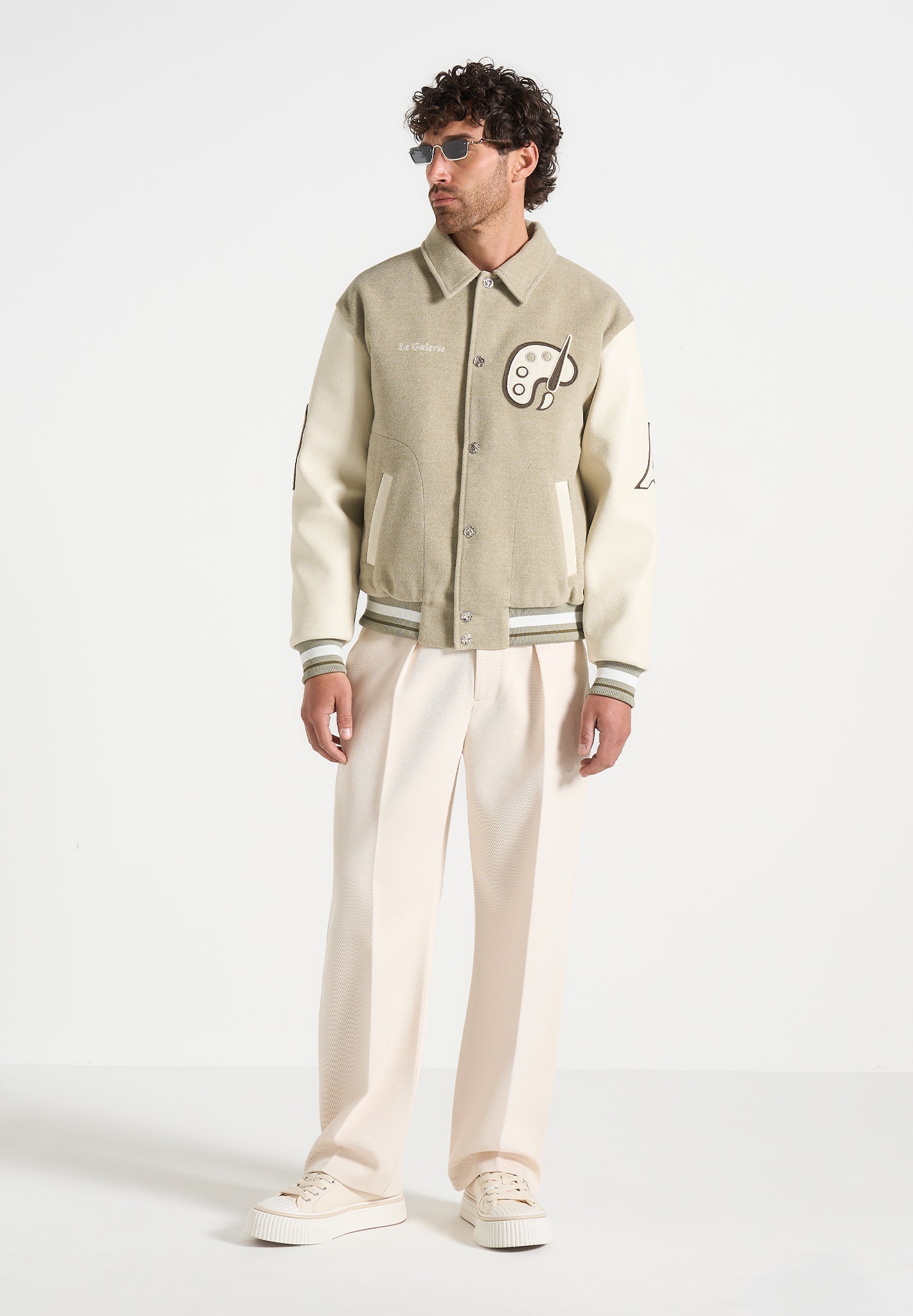 Varsity Jacket with Vegan Leather Sleeves & Patchwork Embroidery | Le Galerie