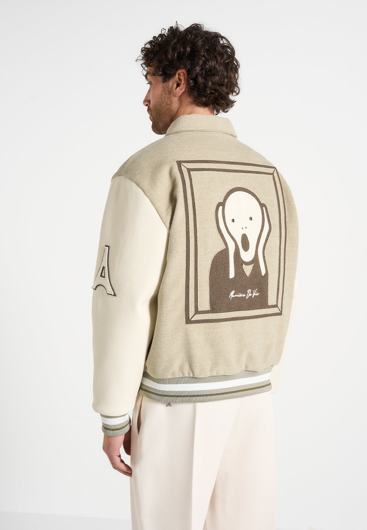 Varsity Jacket with Vegan Leather Sleeves & Patchwork Embroidery | Le Galerie