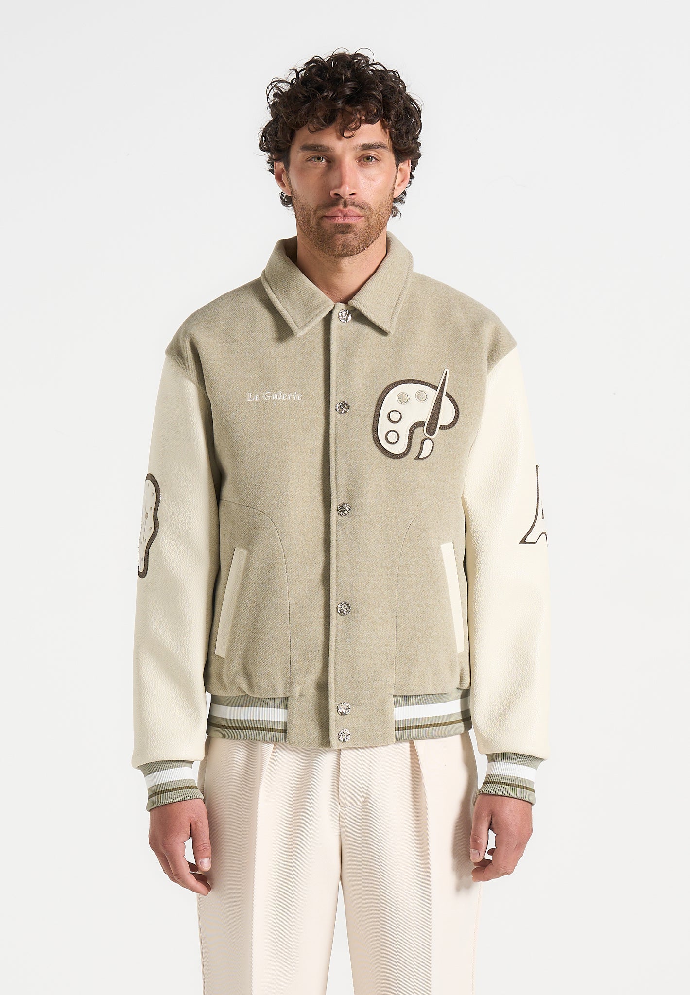 Varsity Jacket with Vegan Leather Sleeves & Patchwork Embroidery | Le Galerie