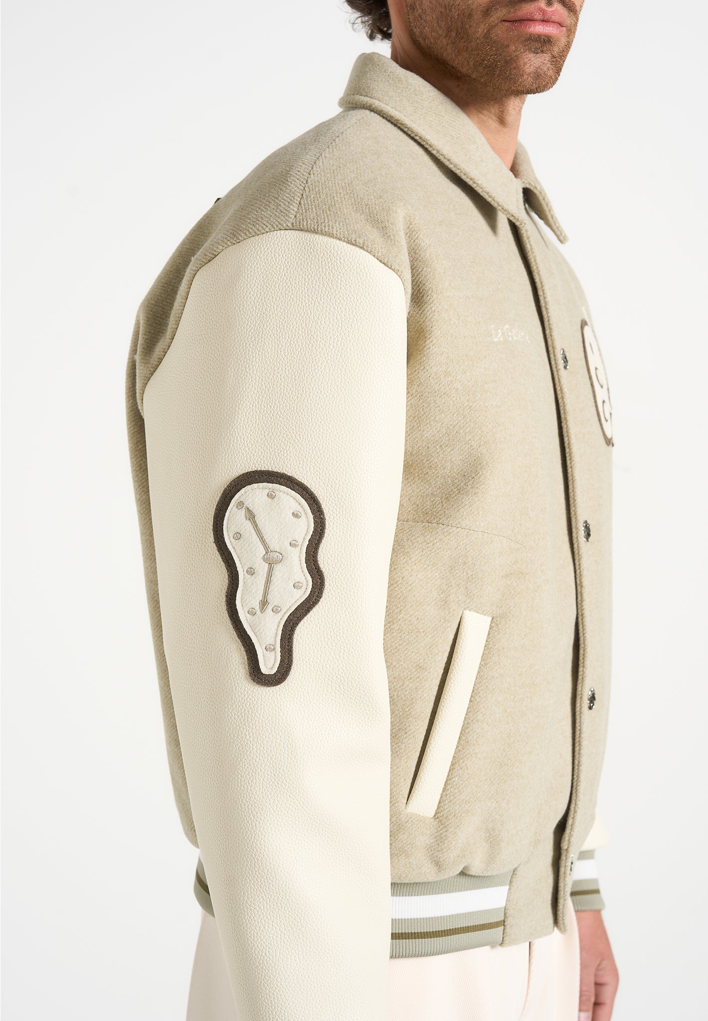 Varsity Jacket with Vegan Leather Sleeves & Patchwork Embroidery | Le Galerie