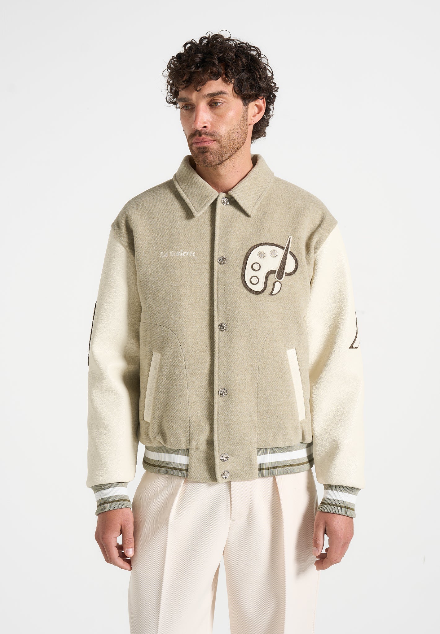 Varsity Jacket with Vegan Leather Sleeves & Patchwork Embroidery | Le Galerie
