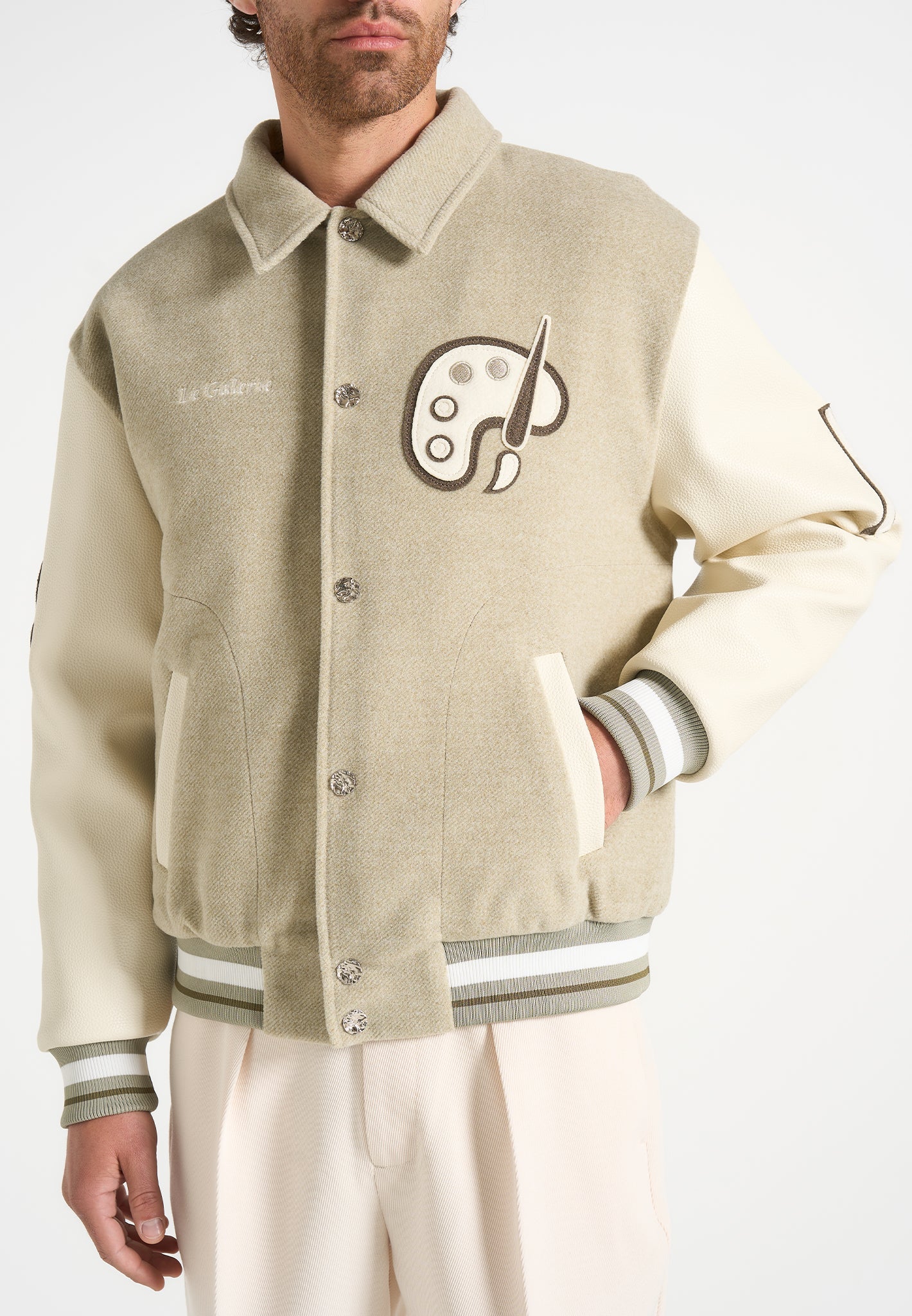 Varsity Jacket with Vegan Leather Sleeves & Patchwork Embroidery | Le Galerie