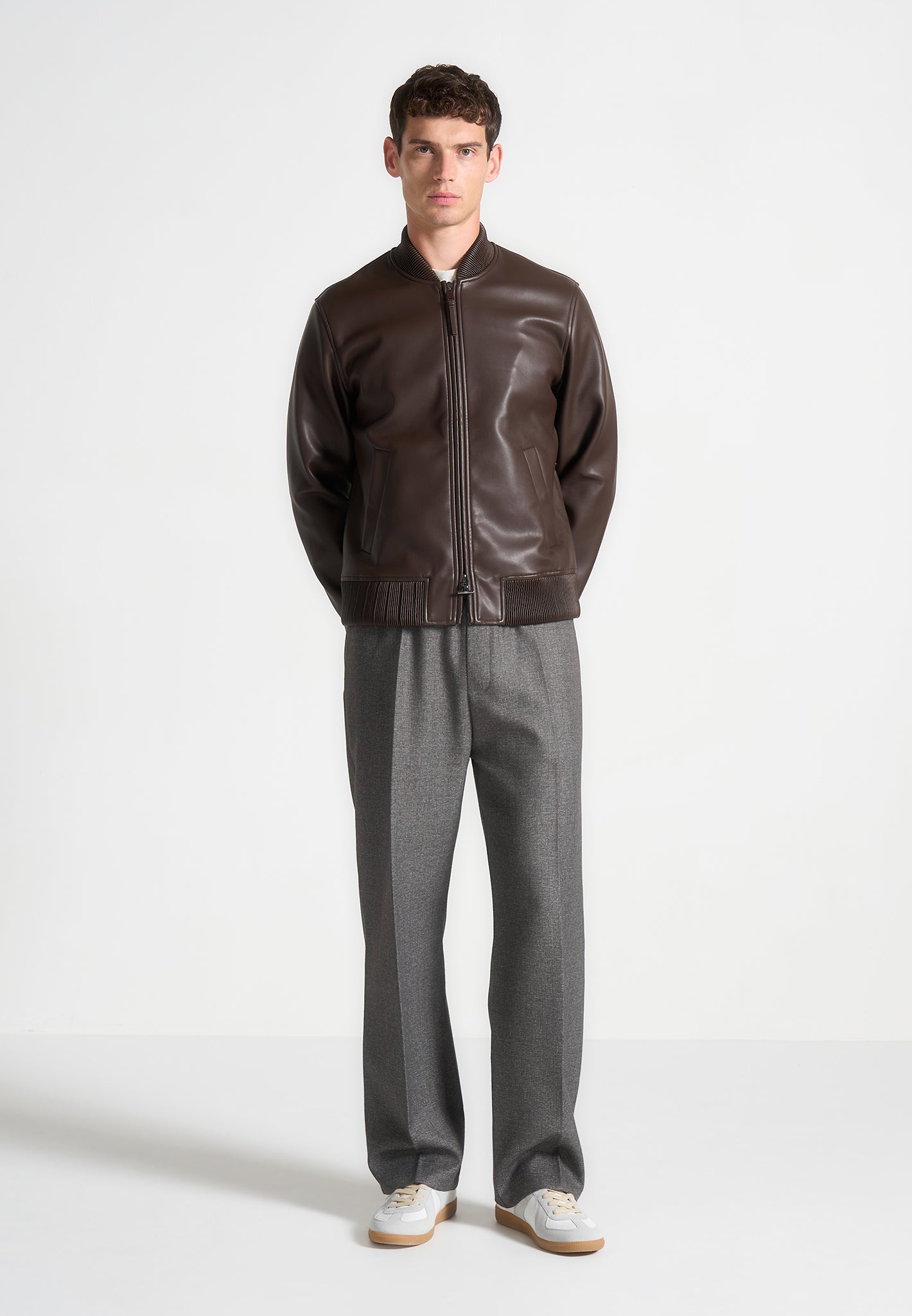 Vegan Leather Bomber Jacket - Brown | Ribbed Knit Detailing