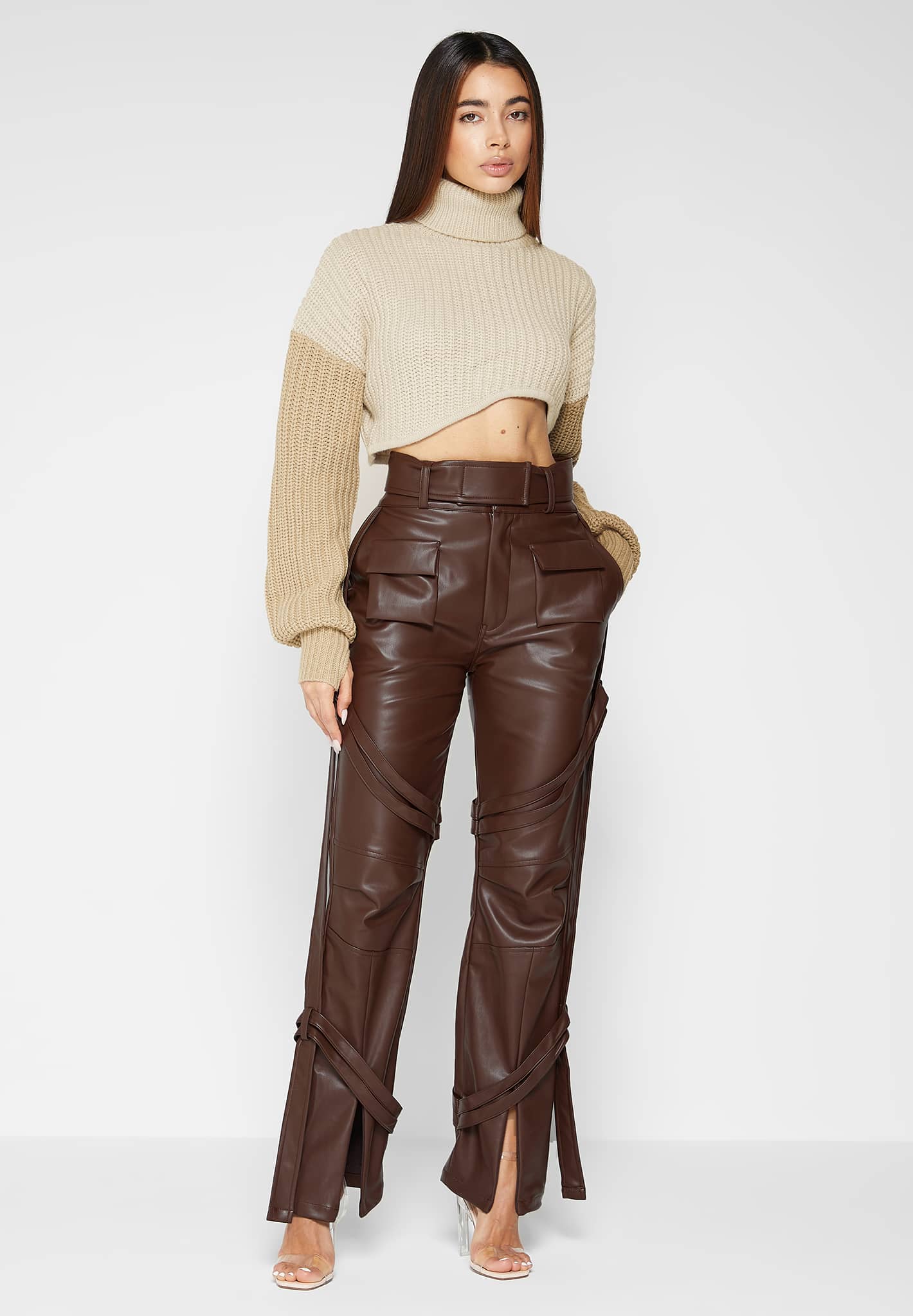 Vegan Leather Cargo Trousers with Adjustable Belt | Manière De Voir
