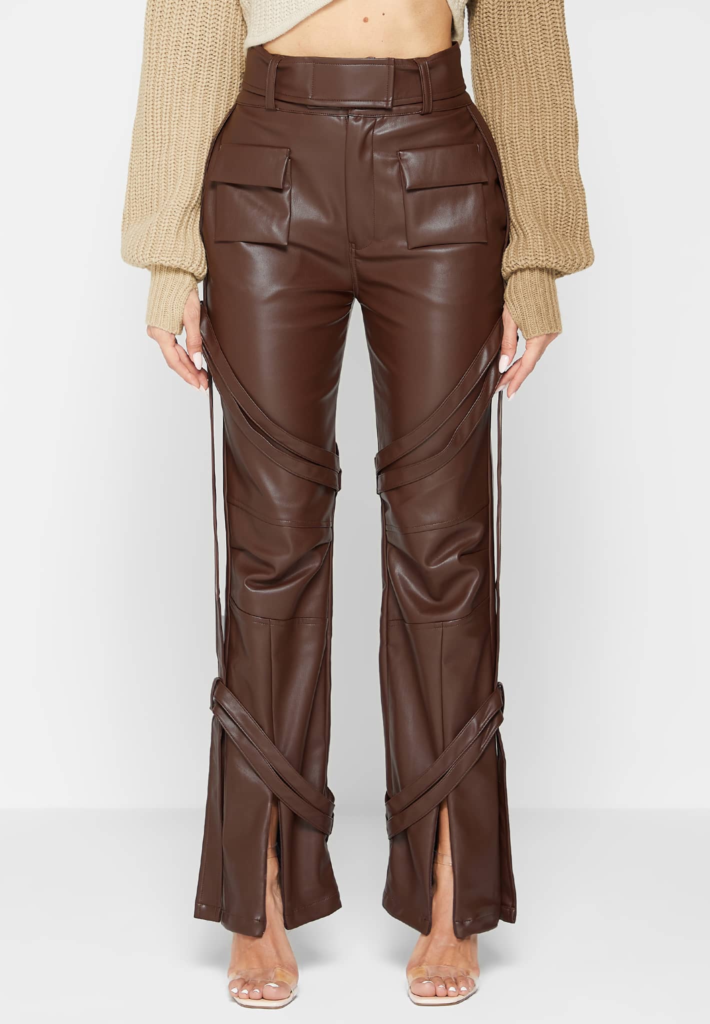 Vegan Leather Cargo Trousers with Adjustable Belt | Manière De Voir