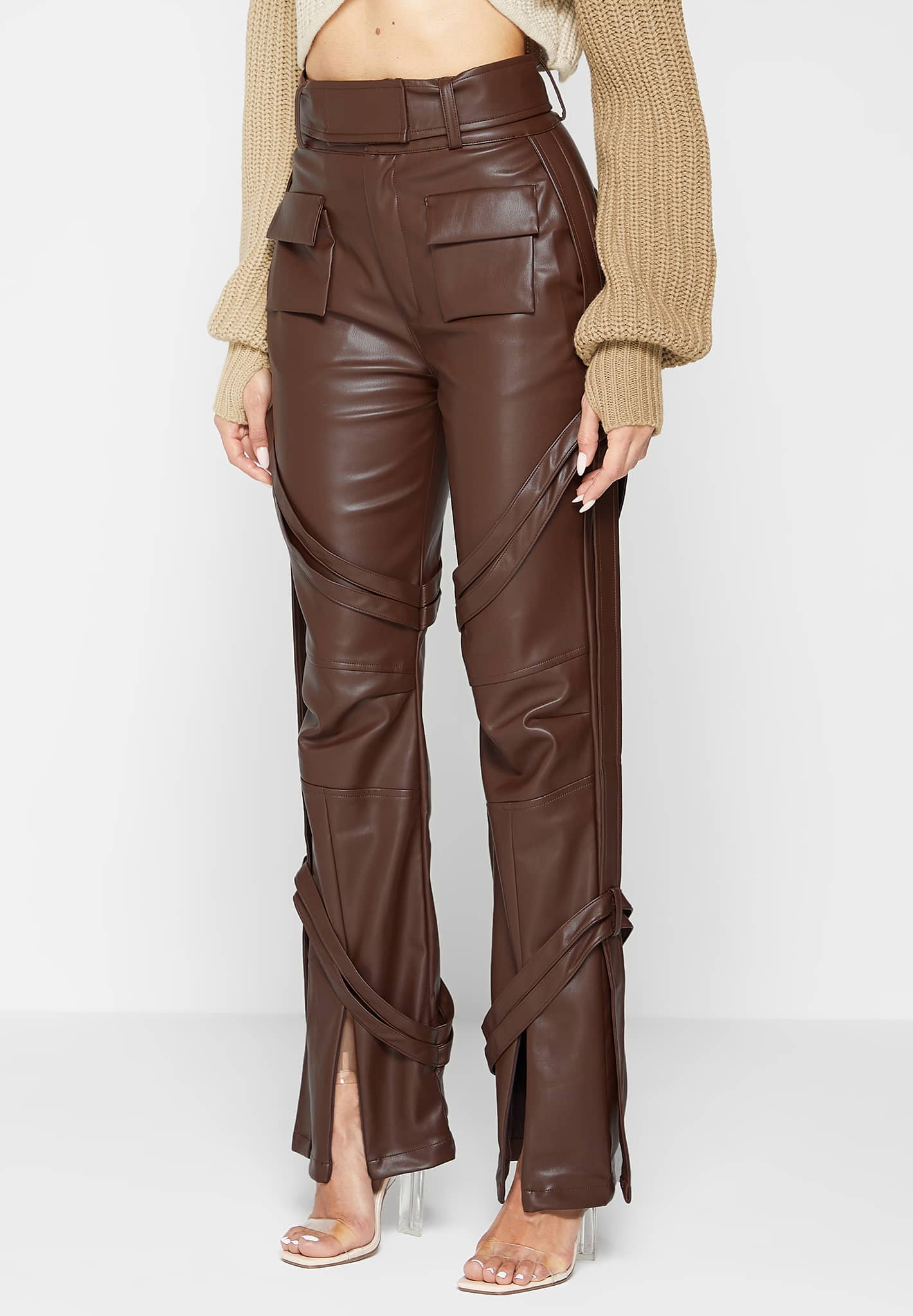 Vegan Leather Cargo Trousers with Adjustable Belt | Manière De Voir