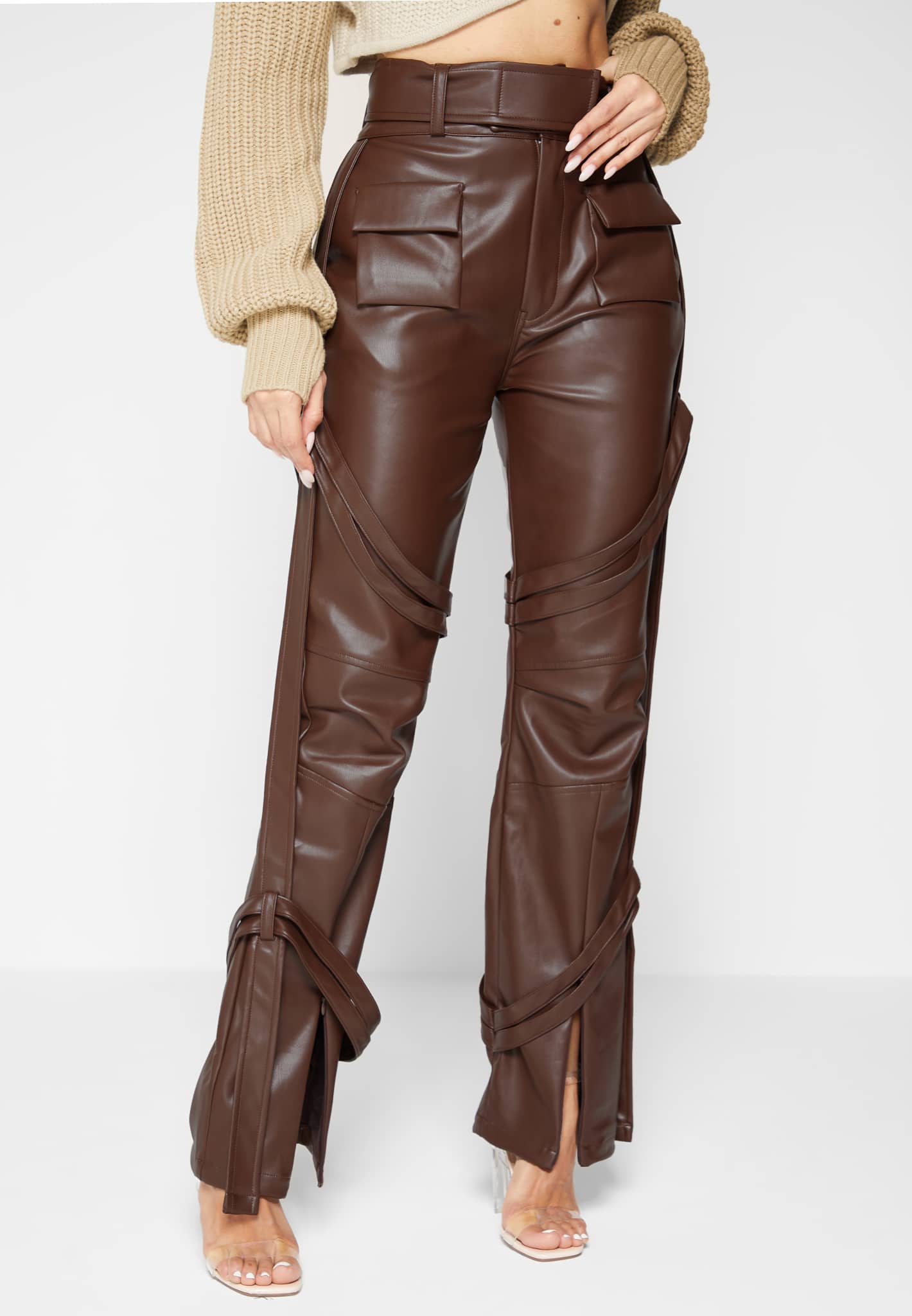 Vegan Leather Cargo Trousers with Adjustable Belt | Manière De Voir