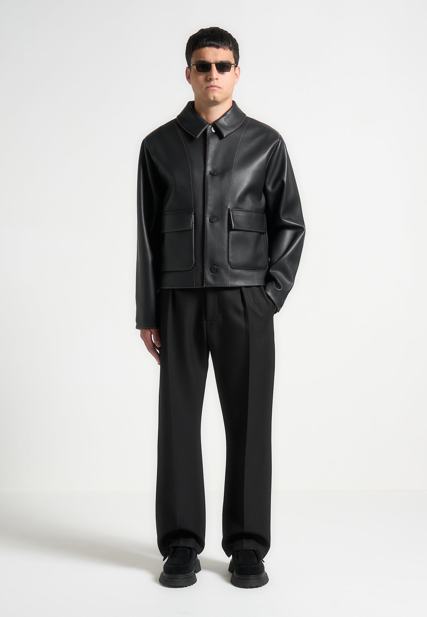Vegan Leather Jacket with Contrast Stitching | Black Harrington Style