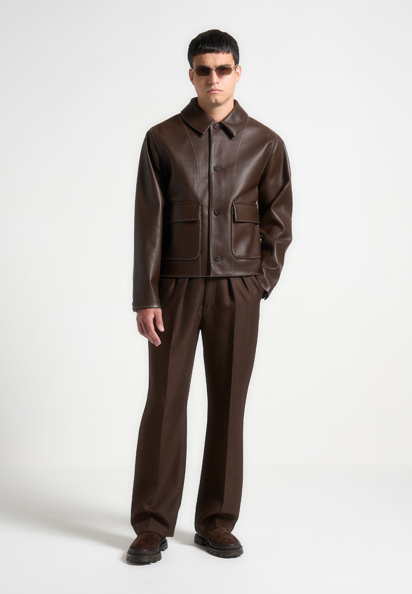 Vegan Leather Jacket with Contrast Stitching | Brown Harrington Collar