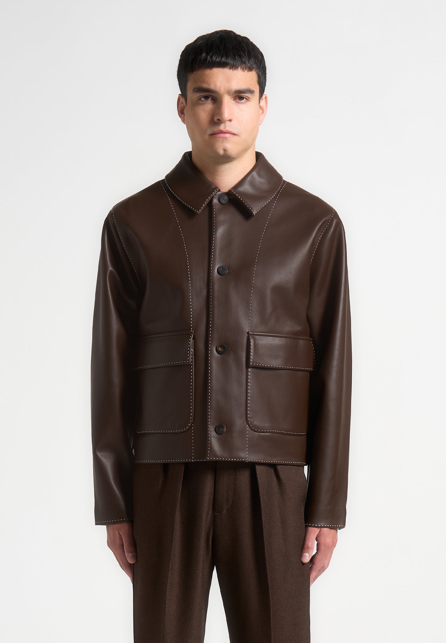 Vegan Leather Jacket with Contrast Stitching | Brown Harrington Collar