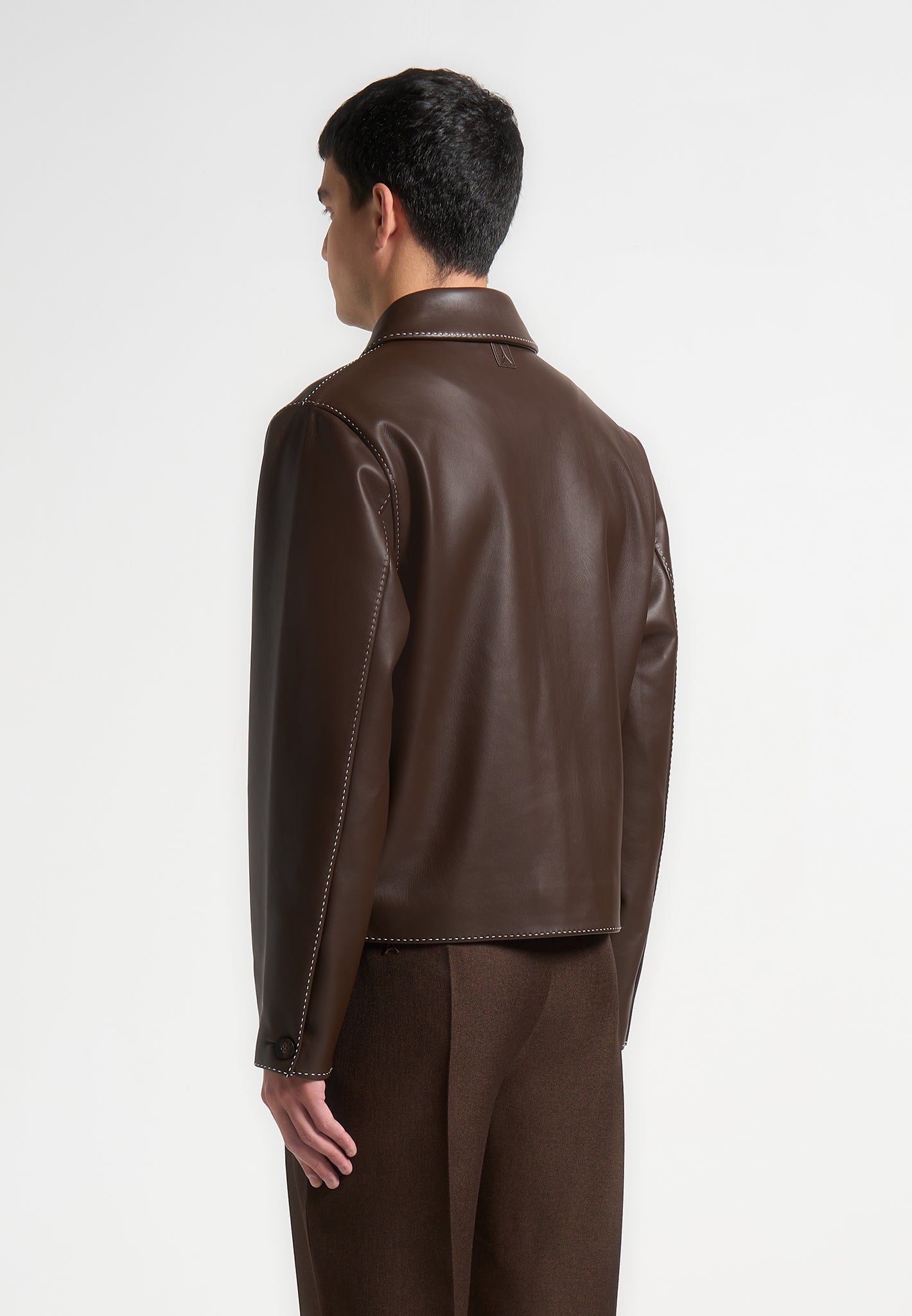 Vegan Leather Jacket with Contrast Stitching | Brown Harrington Collar