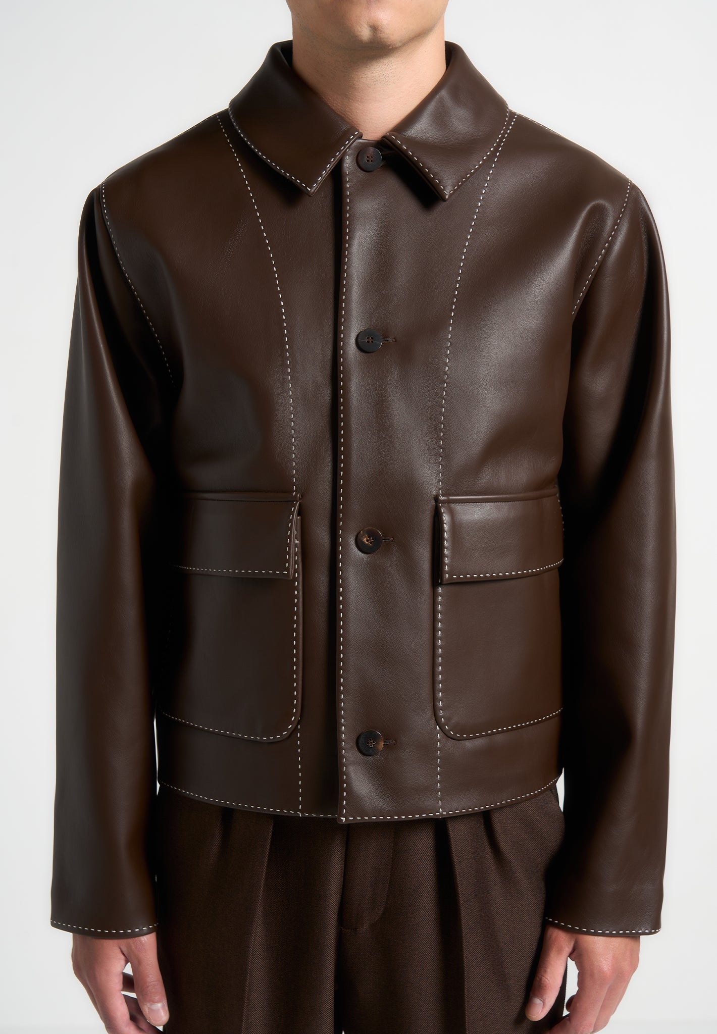 Vegan Leather Jacket with Contrast Stitching | Brown Harrington Collar