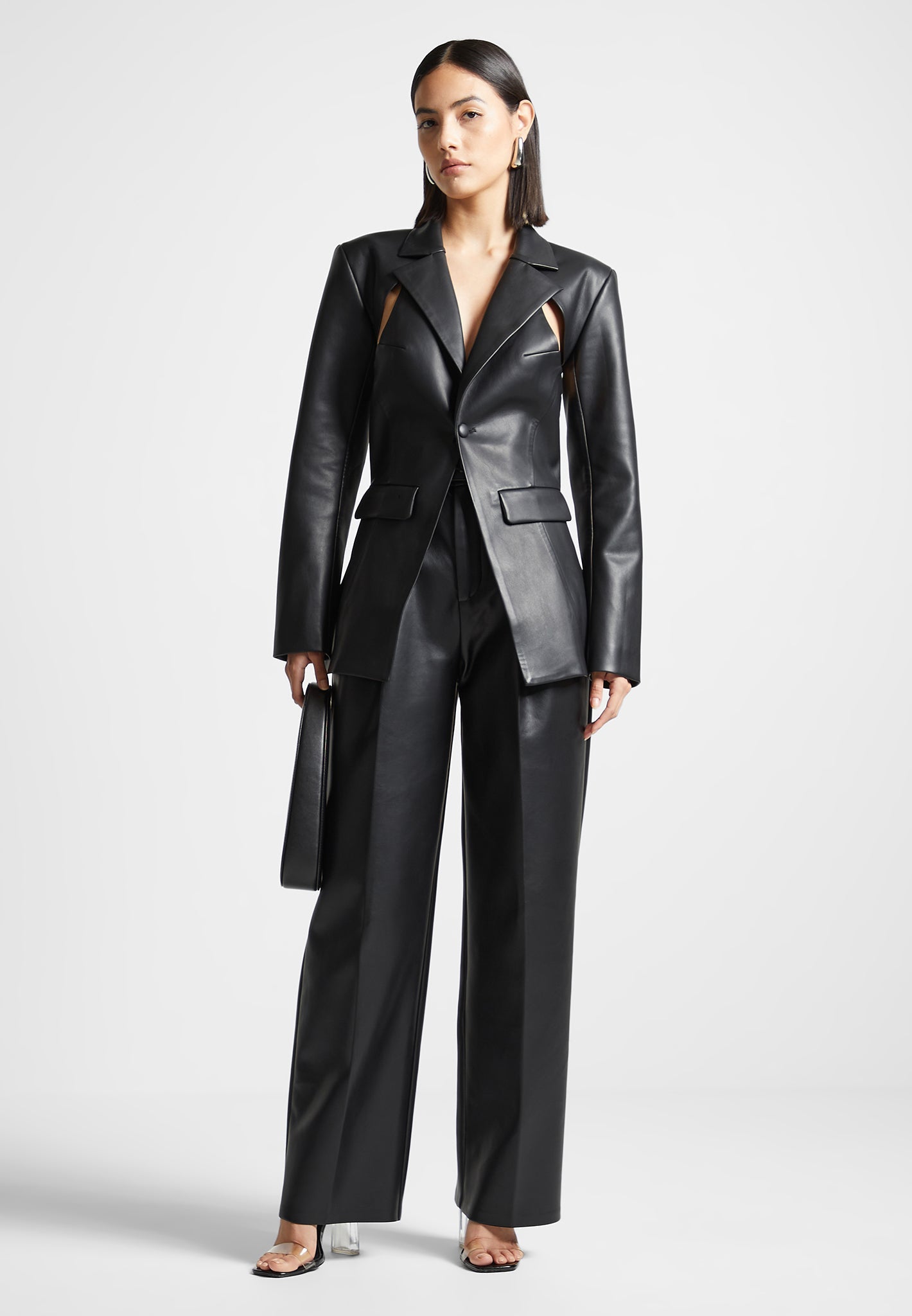 Vegan Leather Blazer with Cut Out Design | Tailored Black Jacket
