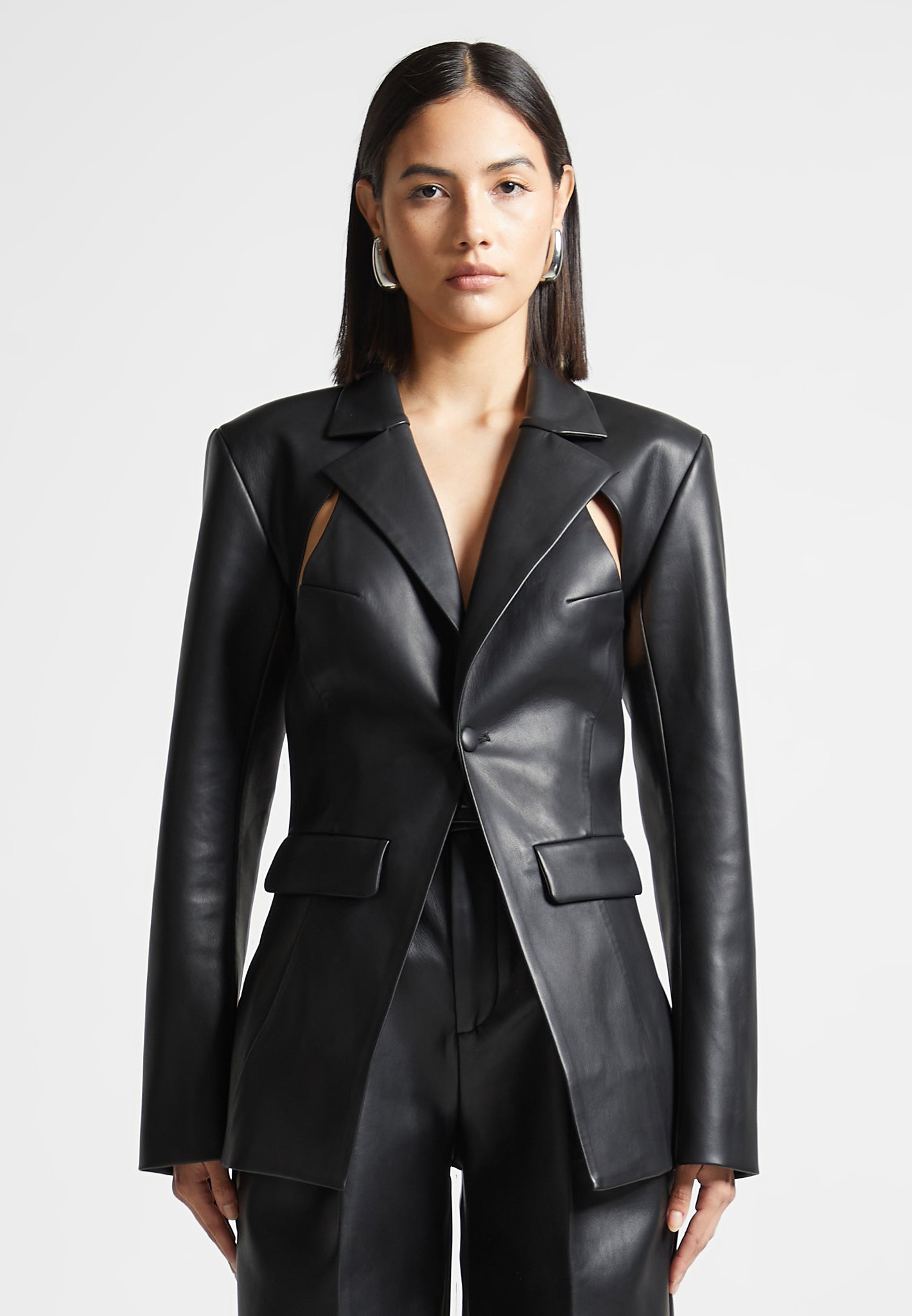 Vegan Leather Blazer with Cut Out Design | Tailored Black Jacket