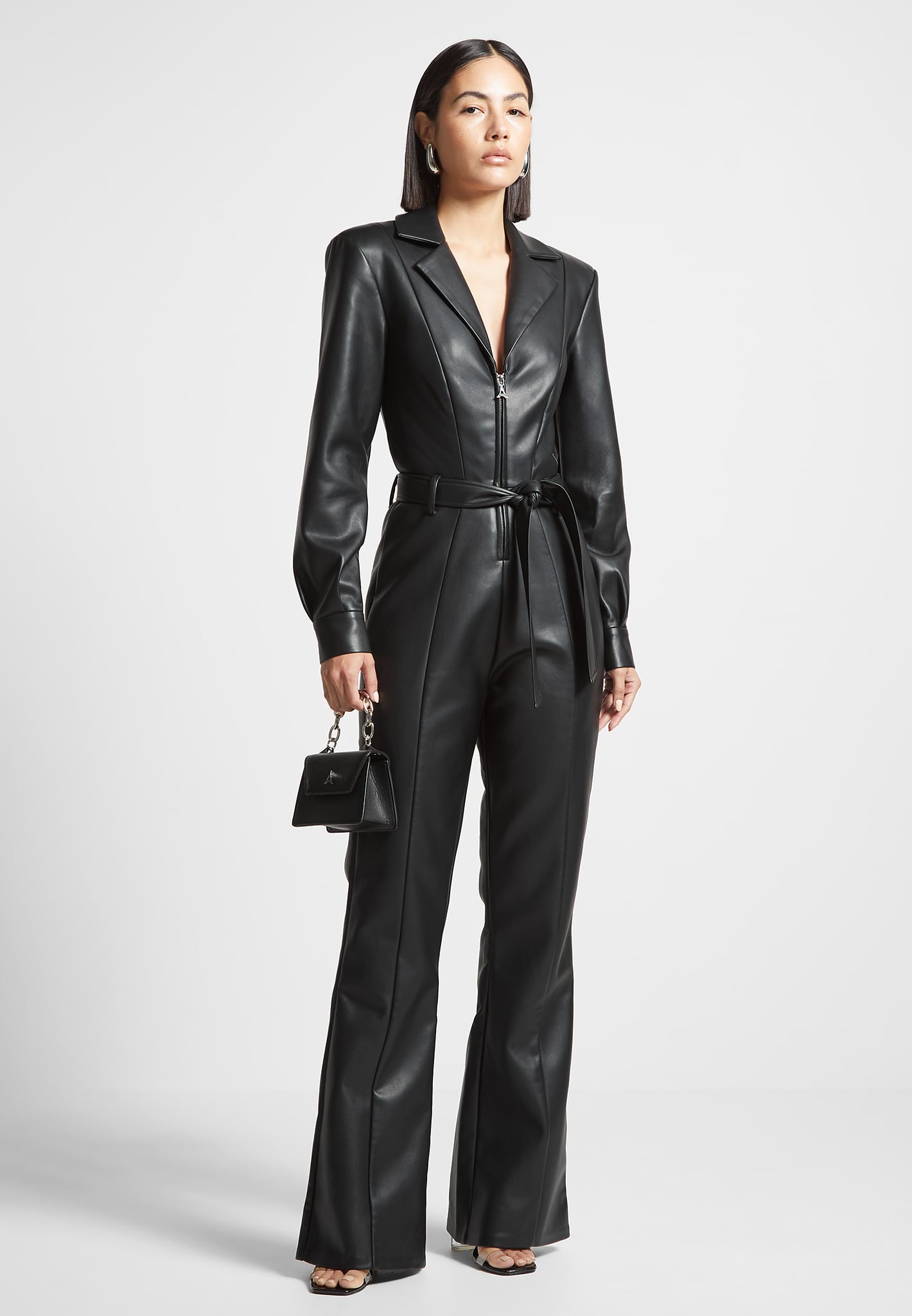 Vegan Leather Jumpsuit with Belt & Flare Leg | Black