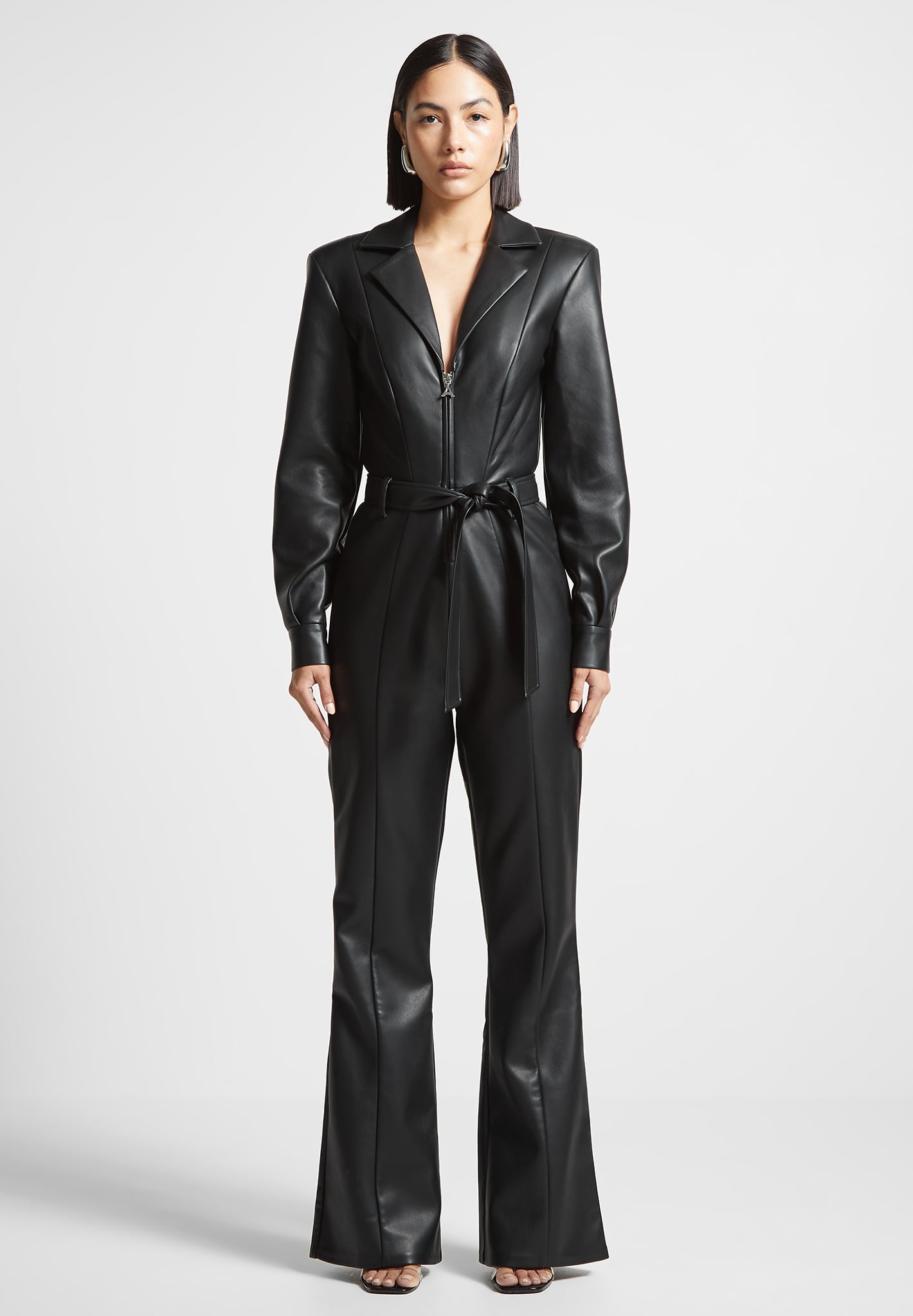 Vegan Leather Jumpsuit with Belt & Flare Leg | Black