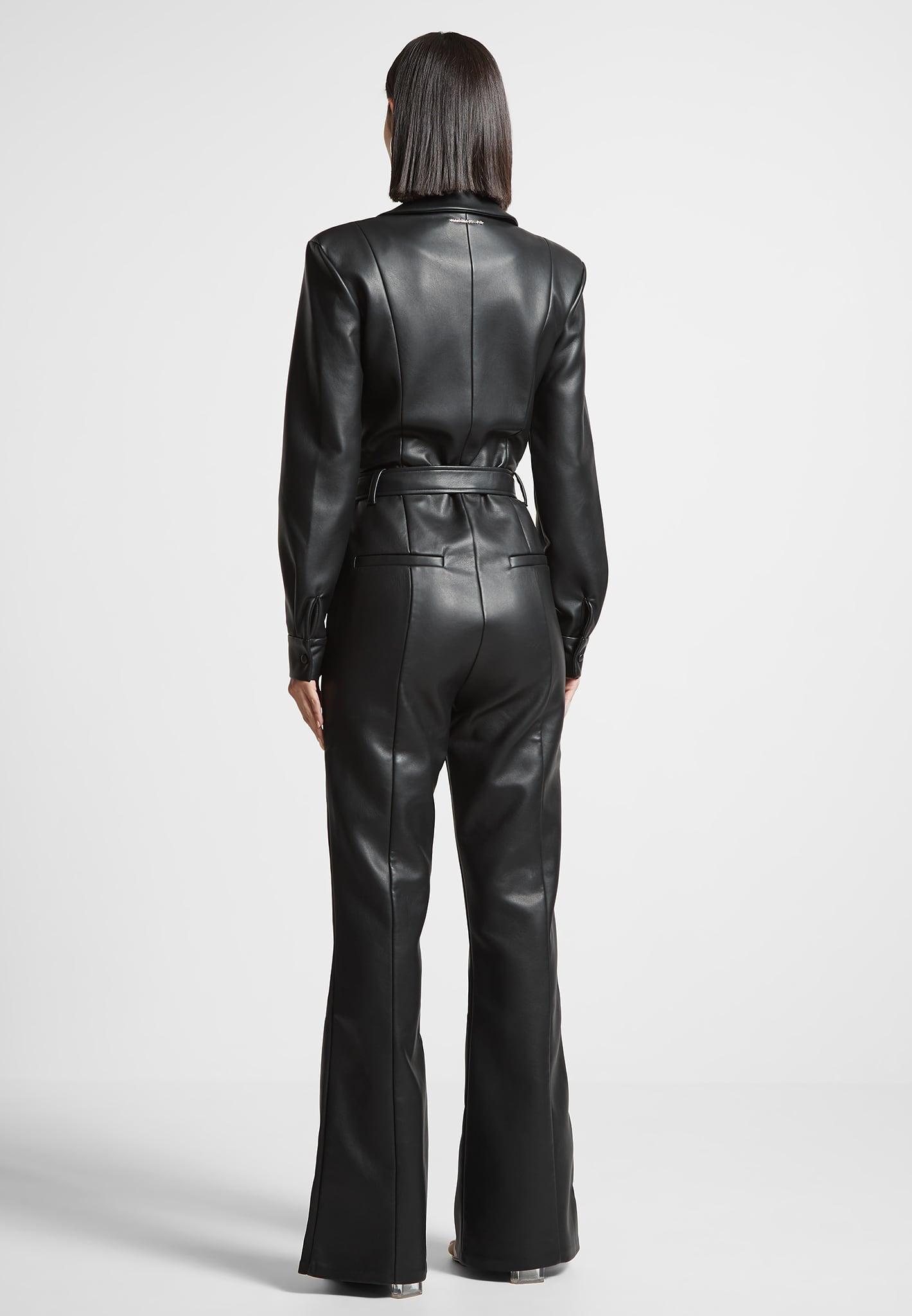 Vegan Leather Jumpsuit with Belt & Flare Leg | Black