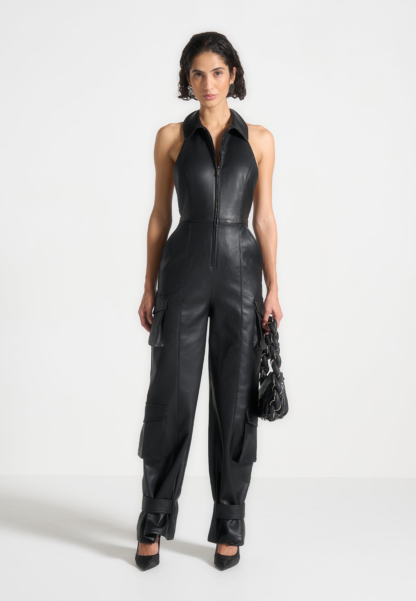 Vegan Leather Halterneck Jumpsuit with Cargo Pockets | Manière De Voir